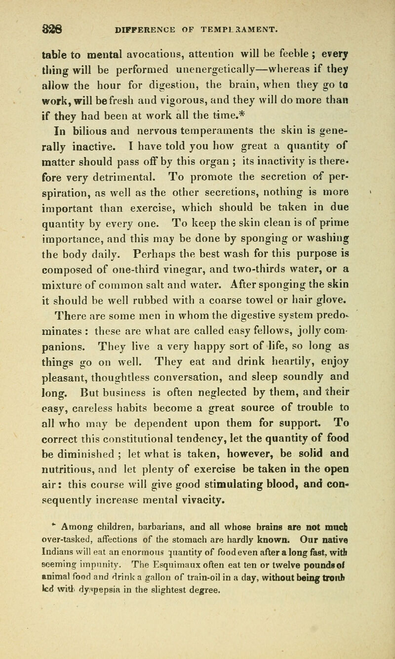 &!tS DIFFERENCE OF TEMPI. LAMENT. table to mental avocations, attention will be feeble ; every tiling will be performed unenergetically—whereas if they allow the hour for dig:estion, the brain, when they go to work, will be fresh and vigorous, and they will do more than if they had been at work all the time.* In bilious and nervous temperaments the skin is gene- rally inactive. I have told you how great a quantity of matter should pass off by this organ ; its inactivity is there- fore very detrimental. To promote the secretion of per- spiration, as well as the other secretions, nothing is more important than exercise, which should be taken in due quantity by every one. To keep the skin clean is of prime importance, and this may be done by sponging or washing the body daily. Perhaps the best w^ash for this purpose is composed of one-third vinegar, and two-thirds water, or a mixture of common salt and water. After sponging the skin it should be well rubbed with a coarse towel or hair glove. There are some men in whom the digestive system predo- minates : these are what are called easy fellows, jolly com- panions. They live a very happy sort of life, so long as things go on well. They eat and drink heartily, enjoy pleasant, thoughtless conversation, and sleep soundly and long. But business is often neglected by them, and their easy, careless habits become a great source of trouble to all who may be dependent upon them for support. To correct this constitutional tendency, let the quantity of food be diminished ; let what is taken, however, be solid and nutritious, and let plenty of exercise be taken in the open air: this course will give good stimulating blood, and con- sequently increase mental vivacity. ^ Among children, barbarians, and all whose brains are not much over-tasked, affections of the stomach are hardly known. Our native Indians will eat an enormous quantity of food even after a long fast, with seeming impunity. The Esquimaux often eat ten or twelve pounds of animal food and drink a gallon of train-oil in a day, without being troiih led witt) dyspepsia in the slightest degree.