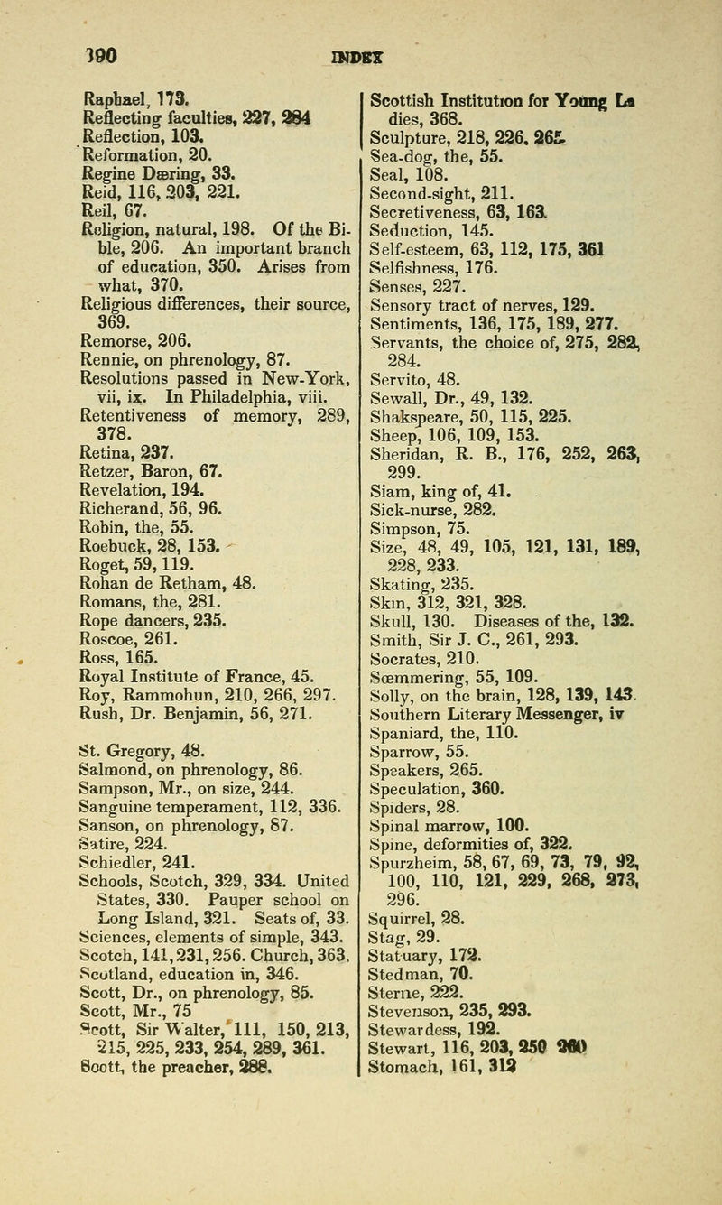 Raphael, 173. Reflecting faculties, 237, 384 Reflection, 103. Reformation, 20. Regine Dsering, 33. Reid, 116, 203, 221. Rail, 67. Religion, natural, 198. Of the Bi- ble, 206. An important branch of education, 350. Arises from what, 370. Religious difierences, their source, 369. Remorse, 206. Rennie, on phrenology, 87. Resolutions passed in New-York, vii, ix. In Philadelphia, viii. Retentiveness of memory, 289, 378. Retina, 237. Retzer, Baron, 67. Revelation, 194. Richerand, 56, 96. Robin, the, 55. Roebuck, 28, 153. - Roget, 59,119. Rohan de Retham, 48. Romans, the, 281. Rope dancers, 2.35. Roscoe, 261. Ross, 165. Royal Institute of France, 45. Roy, Rammohun, 210, 266, 297. Rush, Dr. Benjamin, 56, 271. St. Gregory, 48. Salraond, on phrenology, 86. Sampson, Mr., on size, 244. Sanguine temperament, 112, 336. Sanson, on phrenology, 87. Satire, 224. Schiedler, 241. Schools, Scotch, 329, 334. United States, 330. Pauper school on Long Island, 321. Seats of, 33. Sciences, elements of simple, 343. Scotch, 141,231,256. Church, 363. Scotland, education in, 346. Scott, Dr., on phrenology, 85. Scott, Mr., 75 «^cott, Sir Walter, 111, 150,213, 215, 225, 233, 254, 289, 361. Soott, the preacher, 288. Scottish Institution for Yoang La dies, 368. Sculpture, 218, 226, 265. Sea-dog, the, 55. Seal, 108. Second-sight, 211. Secretiveness, 63, 163 Seduction, 145. Self-esteem, 63, 112, 175, 361 Selfishness, 176. Senses, 227. Sensory tract of nerves, 129. Sentiments, 136, 175, 189, 277. Servants, the choice of, 275, 282, 284. Servito, 48. Sewall, Dr., 49, 132. Shakspeare, 50, 115, 225. Sheep, 106, 109, 153. Sheridan, R. B., 176, 252, 263, 299. Siam, king of, 41, Sick-nurse, 282. Simpson, 75. Size, 48, 49, 105, 121, 131, 189, 228, 233. Skating, 235. Skin, 312, 321, 328. Skull, 130. Diseases of the, 132. Smith, Sir J. C, 261, 293. Socrates, 210. Soemmering, 55, 109. Solly, on the brain, 128, 139, 143. Southern Literary Messenger, iv Spaniard, the, 110. Sparrow, 55. Speakers, 265. Speculation, 360. Spiders, 28. Spinal marrow, 100. Spine, deformities of, 322. Spurzheim, 58, 67, 69, 73, 79, 93, 100, 110, 121, 229, 368, 273, 296. Squirrel, 28. Stag, 29. Statuary, 172. Stedman, 70. Sterne, 222. Stevenson, 235, 293. Stewardess, 192. Stewart, 116, 203, 250 990 Stomach, 161,312