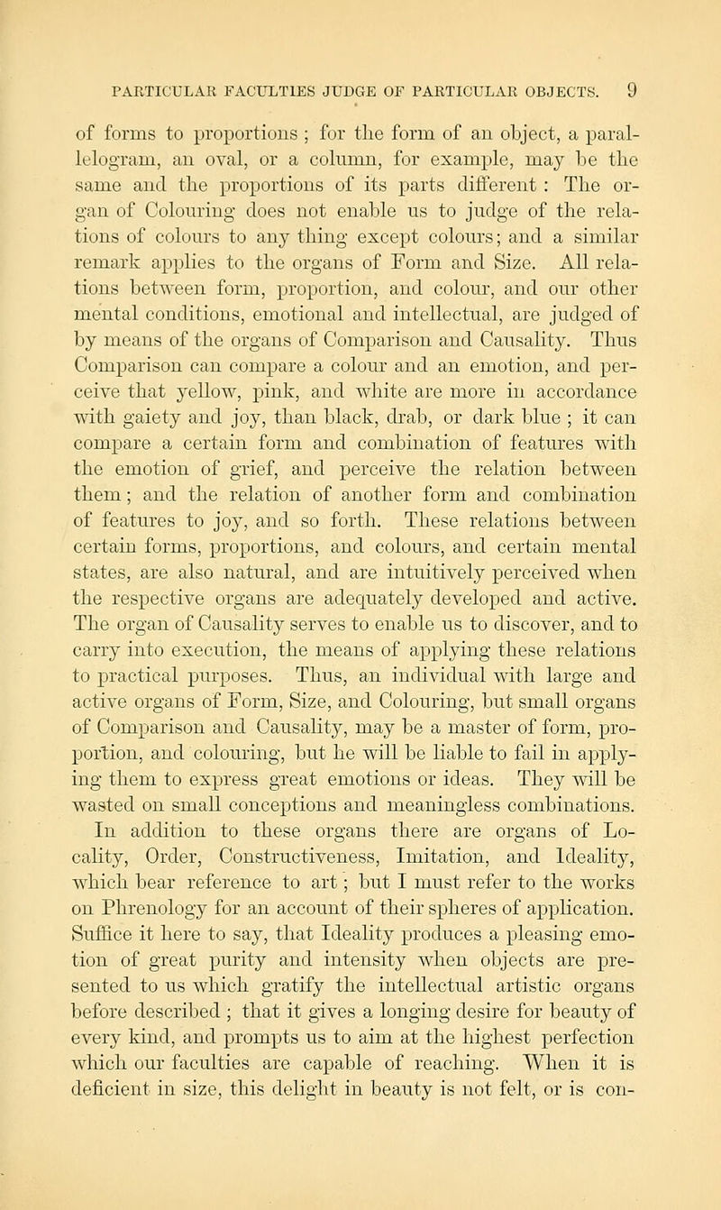 PARTICULAR FACULTIES JUDGE OF PARTICULAR OBJECTS. U of forms to proportions ; for the form of an object, a paral- lelogram, an oval, or a column, for example, may be the same and the proj)ortions of its parts different : The or- gan of Colom'ing does not enable us to judge of the rela- tions of colours to any thing except colours; and a similar remark applies to the organs of Form and Size. All rela- tions between form, proportion, and colour, and our other mental conditions, emotional and intellectual, are judged of by means of the organs of Comparison and Causality. Thus Comparison can compare a colour and an emotion, and per- ceive that yellow, pink, and white are more in accordance with gaiety and joy, than black, drab, or dark blue ; it can compare a certain form and combination of features with the emotion of grief, and perceive the relation between them; and the relation of another form and combination of features to joy, and so forth. These relations between certain forms, proportions, and colours, and certain mental states, are also natural, and are intuitively perceived when the respective organs are adequately developed and active. The organ of Causality serves to enable us to discover, and to carry into execution, the means of applying these relations to practical purposes. Thus, an individual with large and active organs of Form, Size, and Colouring, but small organs of Comparison and Causality, may be a master of form, pro- portion, and colouring, but he will be liable to fail in apply- ing them to express great emotions or ideas. They will be wasted on small conceptions and meaningless combinations. In addition to these organs there are organs of Lo- cality, Order, Constructiveness, Imitation, and Ideality, which bear reference to art; but I must refer to the works on Phrenology for an account of their spheres of application. Suffice it here to say, that Ideality produces a pleasing emo- tion of great purity and intensity when objects are pre- sented to us which gratify the intellectual artistic organs before described ; that it gives a longing desire for beauty of every kind, and prompts us to aim at the highest perfection which our faculties are capable of reaching. When it is deficient in size, this delight in beauty is not felt, or is con-