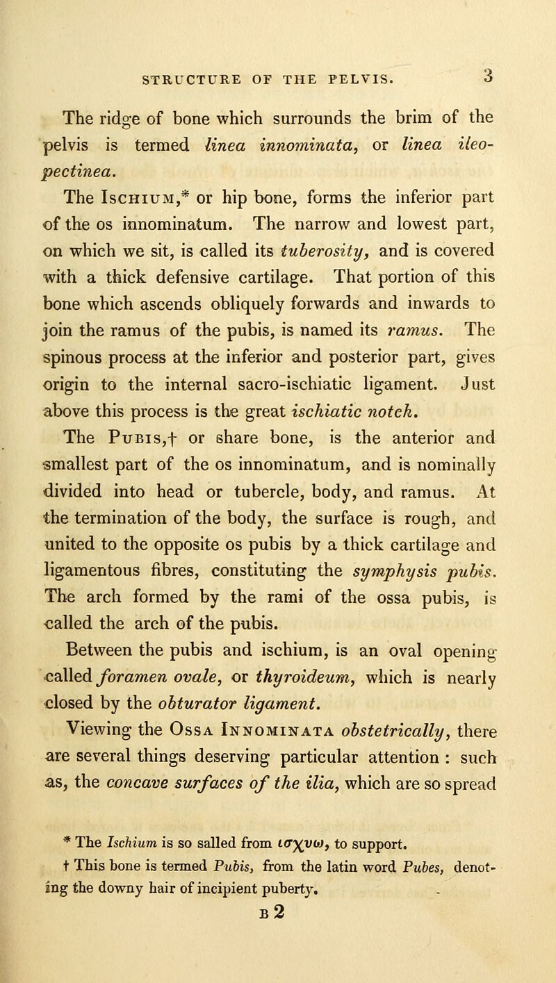 The ridge of bone which surrounds the brim of the pelvis is termed linea innominata, or linea ileo- pectinea. The Ischium,* or hip bone, forms the inferior part of the os innominatum. The narrow and lowest part, on which we sit, is called its tuberosity, and is covered with a thick defensive cartilage. That portion of this bone which ascends obliquely forwards and inwards to join the ramus of the pubis, is named its ramus. The spinous process at the inferior and posterior part, gives origin to the internal sacro-ischiatic ligament. Just above this process is the great ischiatic noteh. The Pubis,f or share bone, is the anterior and smallest part of the os innominatum, and is nominally divided into head or tubercle, body, and ramus. At the termination of the body, the surface is rough, and united to the opposite os pubis by a thick cartilage and ligamentous fibres, constituting the symphysis pubis. The arch formed by the rami of the ossa pubis, is called the arch of the pubis. Between the pubis and ischium, is an oval opening called foramen ovale, or thyroideum, which is nearly closed by the obturator ligament. Viewing the Ossa Innominata obstetrically, there are several things deserving particular attention : such as, the concave surfaces of the ilia, which are so spread * The Ischium is so sailed from to^vw, to support, t This bone is termed Pubis, from the latin word Tubes, denot- ing the downy hair of incipient puberty. b2