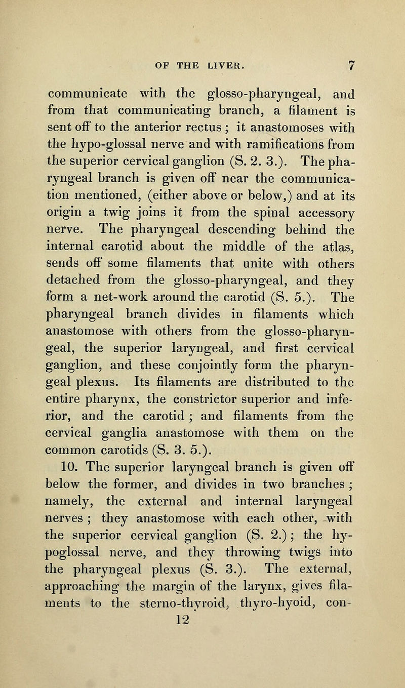 communicate with the glossopharyngeal, and from that communicating branch, a filament is sent off to the anterior rectus ; it anastomoses with the hypo-glossal nerve and with ramifications from the superior cervical ganglion (S. 2. 3.). The pha- ryngeal branch is given off near the communica- tion mentioned, (either above or below,) and at its origin a twig joins it from the spinal accessory nerve. The pharyngeal descending behind the internal carotid about the middle of the atlas, sends off some filaments that unite with others detached from the glosso-pharyngeal, and they form a net-work around the carotid (S. 5.). The pharyngeal branch divides in filaments which anastomose with others from the glosso-pharyn- geal, the superior laryngeal, and first cervical ganglion, and these conjointly form the pharyn- geal plexus. Its filaments are distributed to the entire pharynx, the constrictor superior and infe- rior, and the carotid; and filaments from the cervical ganglia anastomose with them on the common carotids (S. 3. 5.). 10. The superior laryngeal branch is given off below the former, and divides in two branches ; namely, the external and internal laryngeal nerves ; they anastomose with each other, with the superior cervical ganglion (S. 2.) ; the hy- poglossal nerve, and they throwing twigs into the pharyngeal plexus (S. 3.). The external, approaching the margin of the larynx, gives fila- ments to the sterno-thyroid, thyro-hyoid, con- 12*