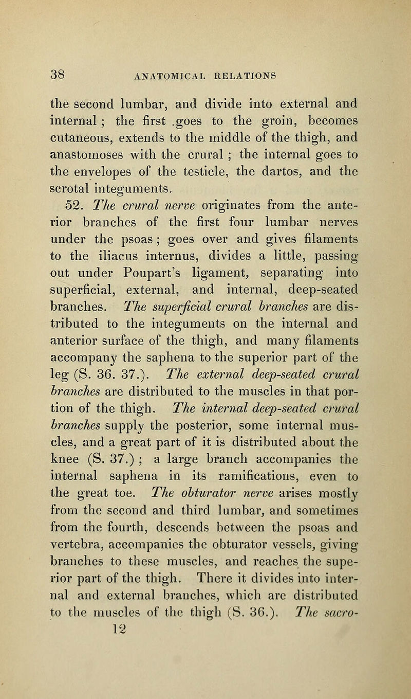 the second lumbar, and divide into external and internal ; the first .goes to the groin, becomes cutaneous, extends to the middle of the thigh, and anastomoses with the crural ; the internal goes to the envelopes of the testicle, the dartos, and the scrotal integuments. 52. The crural nerve originates from the ante- rior branches of the first four lumbar nerves under the psoas; goes over and gives filaments to the iliacus internus, divides a little, passing- out under Poupart's ligament, separating into superficial, external, and internal, deep-seated branches. The superficial crural branches are dis- tributed to the integuments on the internal and anterior surface of the thigh, and many filaments accompany the saphena to the superior part of the leg (S. 36. 37.). The external deep-seated crural branches are distributed to the muscles in that por- tion of the thigh. The internal deep-seated crural branches supply the posterior, some internal mus- cles, and a great part of it is distributed about the knee (S. 37.) ; a large branch accompanies the internal saphena in its ramifications, even to the great toe. The obturator nerve arises mostly from the second and third lumbar, and sometimes from the fourth, descends between the psoas and vertebra, accompanies the obturator vessels, giving branches to these muscles, and reaches the supe- rior part of the thigh. There it divides into inter- nal and external branches, which are distributed to the muscles of the thigh (S. 36.). The sacro- 12