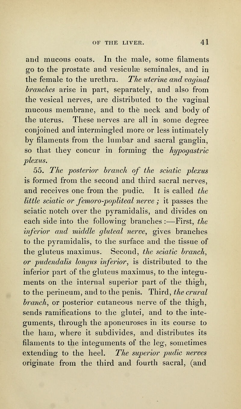 and mucous coats. In the male, some filaments go to the prostate and vesiculse seminales, and in the female to the urethra. The uterine and vaginal branches arise in part, separately, and also from the vesical nerves, are distributed to the vaginal mucous membrane, and to the neck and body of the uterus. These nerves are all in some degree conjoined and intermingled more or less intimately by filaments from the lumbar and sacral ganglia, so that they concur in forming the hypogastric plexus. 55. The posterior branch of the sciatic plexus is formed from the second and third sacral nerves, and receives one from the pudic. It is called the little sciatic or femoro-popliteal nerve ; it passes the sciatic notch over the pyramidalis, and divides on each side into the following branches :—First, the inferior and middle gluteal nerve, gives branches to the pyramidalis, to the surface and the tissue of the gluteus maximus. Second, the sciatic branch, or pudendalis longus 'mferior, is distributed to the inferior part of the gluteus maximus, to the integu- ments on the internal superior part of the thigh, to the perineum, and to the penis. Third, the crural branch, or posterior cutaneous nerve of the thigh, sends ramifications to the glutei, and to the inte- guments, through the aponeuroses in its course to the ham, where it subdivides, and distributes its filaments to the integuments of the leg, sometimes extending to the heel. The superior pudic nerves originate from the third and fourth sacral, (and