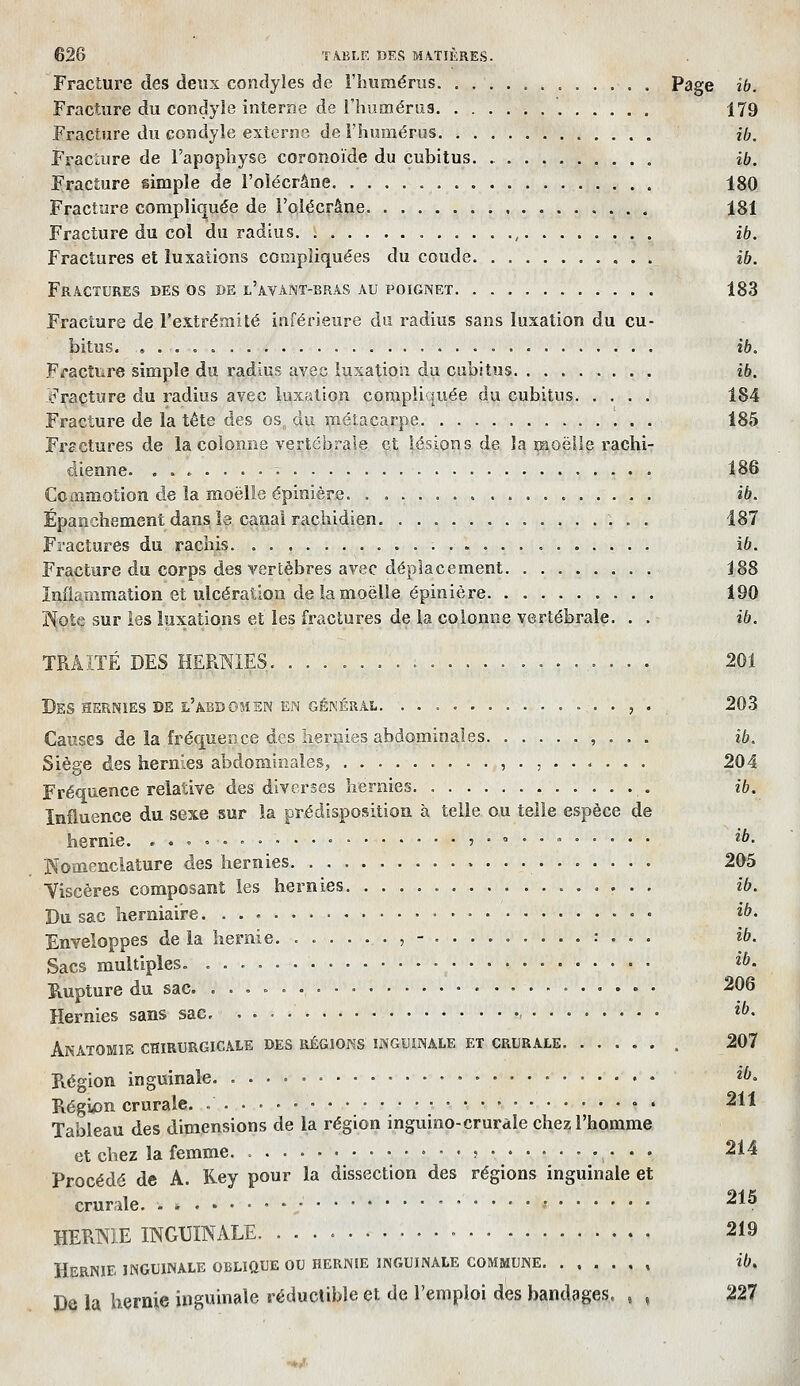 Fracture des deux condyles de l'humérus Page ib. Fracture du condyîe interne de l'humérus 179 Fracture du condyle externe de i'humérus ff,. Fracture de l'apophyse coronoïde du cubitus. ib. FracÊure simple de l'oiécrâne 180 Fracture compliquée de l'oiécrâne 181 Fracture du col du radius , ib. Fractures et luxations compliquées du coude ib. Fractures des os de i'avant-bras au poignet 183 Fracture de l'extrémité inférieure du radius sans luxation du cu- bitus ib. F/'actiire simple du radius avec luxation du cubitus ib. Fracture du radius avec luxation compliquée du cubitus 184 Fracture de la tête des os du métacarpe 185 Fractures de la colonne yerlébrale et lésions de la isoëiie rachiT dienne. 186 Commotion de la moelle épinière. ib. Épancîiement dans le canal rachidien. . . 187 Fractures du racbis. • 16. Fracture du corps des vertèbres avec déplacement 188 Inflammation et ulcération de la moelle épinière 190 IXote sur les luxations et les fractures de la colonne vertébrale. . . ib. TRAITÉ DES HERNIES. 201 Des HERNIES DE l'abdomen EN GÉNÉRAL. . . , . 203 Causes de la fréquence des hernies abdominales , . . . ib. Siège des hernies abdominales, 204 Fréquence relative des diverses hernies ib. Influence du sexe sur la prédisposition à telle ou telle espèce de hernie ...,.<...« tb. Womenciature des hernies 205 Yiscères composant les hernies ib. Du sac herniaire. • ib. Enveloppes de la hernie. ......,-.........:... ib. Sacs multiples. ib. Rupture du sac. Hernies sans sac , Anatomie chirurgicale des régions inguinale et crurale 207 Fvégion inguinale • ^b. Région crurale. 211 Tableau des dimensions de la région inguino-crurale chez; l'homme et chez la femme. > • • • • ^^^ Procédé de A. Key pour la dissection des régions inguinale et crurale. . f ^^^ HERIXIE INGUINALE • 219 Hernie inguinale OBLIQUE ou hernie INGUINALE COMMUNE ib. De la hernie inguinale réductible et de l'emploi des bandages. , , 227 206