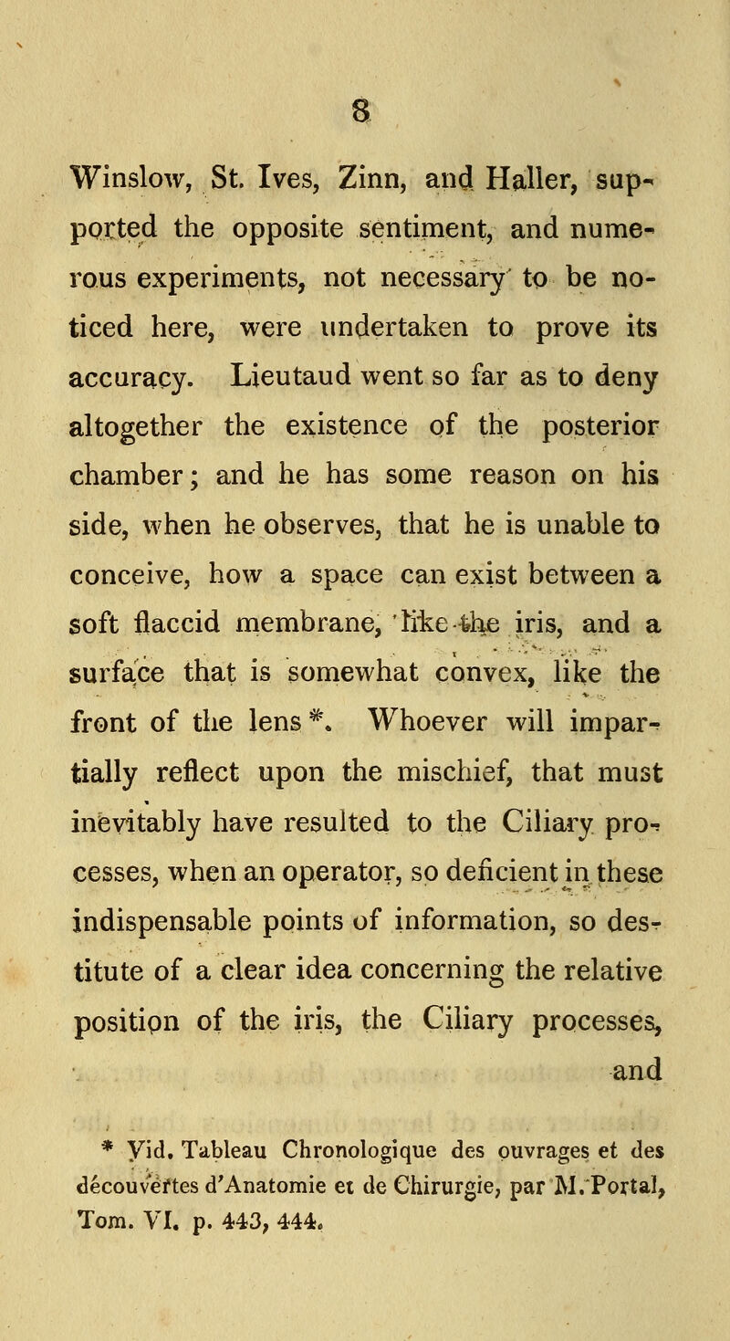 Winslow, St. Ives, Zinn, and Haller, sup- ported the opposite sentiment, and nume- rous experiments, not necessary to be no- ticed here, were undertaken to prove its accuracy. Lieutaud went so far as to deny altogether the existence of the posterior chamber; and he has some reason on his side, when he observes, that he is unable to conceive, how a space can exist between a soft flaccid membrane, 'frke-tiie iris, and a surface that is somewhat convex, like the front of the lens*. Whoever will impar- tially reflect upon the mischief, that must inevitably have resulted to the Ciliary pro-^ cesses, when an operator, so deficient in these indispensable points of information, so desr titute of a clear idea concerning the relative position of the iris, the Ciliary processes, and * yid. Tableau Chronologique des puvrages et des decouveftes d'Anatomie et de Chirurgie, par M. Portal, Tom. VI. p. 443, 444.