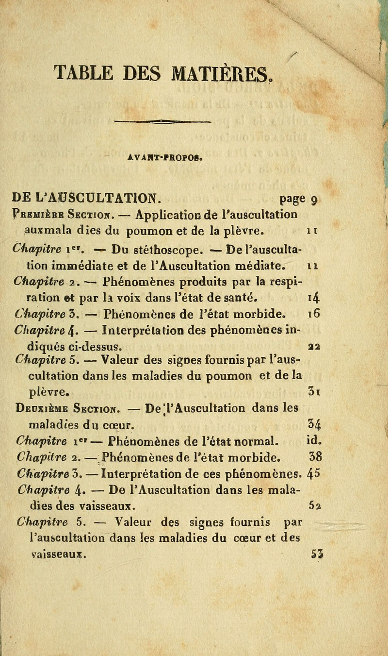 TABLE DES MATIÈRES. AVANT-PROPOS. DE L'AUSCULTATION. page 9 Prbmièrb Section. — Application de l'auscultation auxmala dies du poumon et de la plèvre. 11 Chapitre iet. — Du stéthoscope. — De l'ausculta- tion immédiate et de l'Auscultation médiate. 11 Chapitre 2. — Phénomènes produits par la respi- ration et par la voix dans l'état de santé. i4 Chapitre 3. — Phénomènes de l'état morbide. 16 Chapitre 4. — Interprétation des phénomènes in- diqués ci-dessus. 22 Chapitre 5. — Valeur des signes fournis par l'aus- cultation dans les maladies du poumon et de la plèvre. 5i Deuxième Section. — De TAuscultation dans les maladies du cœur. 34 Chapitre ier — Phénomènes de l'état normal. id. Chapitre 2. — Phénomènes de l'état morbide. 38 Chapitre 3. — Interprétation de ces phénomènes. 45 Chapitre 4« — De l'Auscultation dans les mala- dies des vaisseaux. 52 Chapitre 5. — Valeur des signes fournis par l'auscultation dans les maladies du cœur et des vaisseaux. 55
