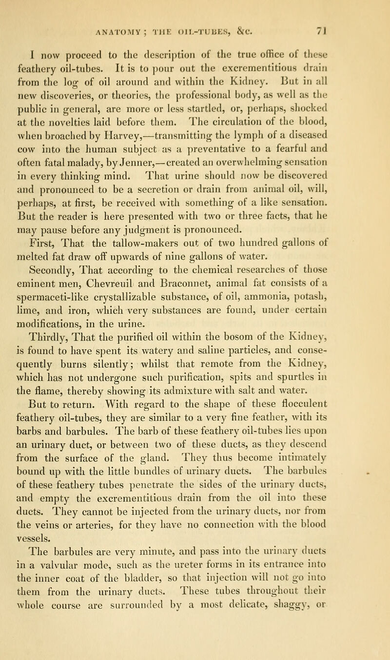 I now proceed to the description of the true office of these feathery oil-tubes. It is to pour out the excrementitious drain from the log of oil around and within the Kidney. But in all new discoveries, or theories, the professional body, as well as the public in general, are more or less startled, or, perhaps, shocked at the novelties laid before them. The circulation of the blood, when broached by Harvey,—transmitting the lymph of a diseased cow into the human subject as a preventative to a fearful and often fatal malady, by Jenner,—created an overwhelming sensation in every thinking mind. That urine should now be discovered and pronounced to be a secretion or drain from animal oil, will, perhaps, at first, be received with something of a like sensation. But the reader is here presented with two or three facts, that he may pause before any judgment is pronounced. First, That the tallow-makers out of two hundred gallons of melted fat draw off upwards of nine gallons of water. Secondly, That according to the chemical researches of those eminent men, Chevreuil and Braconnet, animal fat consists of a spermaceti-like crystallizable substance, of oil, ammonia, potash, lime, and iron, which very substances are found, under certain modifications, in the urine. Thirdly, That the purified oil within the bosom of the Kidney, is found to have spent its watery and saline particles, and conse- quently burns silently; whilst that remote from the Kidney, which has not undergone such purification, spits and spurtles in the flame, thereby showing its admixture with salt and water. But to return. With regard to the shape of these flocculent feathery oil-tubes, they are similar to a very fine feather, with its barbs and barbules. The barb of these feathery oil-tubes lies upon an urinary duct, or between two of these ducts, as they descend from the surface of the gland. They thus become intimately bound up with the little bundles of urinary ducts. The barbules of these feathery tubes penetrate the sides of the urinary ducts, and empty the excrementitious drain from the oil into these ducts. They cannot be injected from the urinary ducts, nor from the veins or arteries, for they have no connection with the blood vessels. The barbules are very minute, and pass into the urinary ducts in a valvular mode, such as the ureter forms in its entrance into the inner coat of the bladder, so that injection will not go into them from the urinary ducts. These tubes throughout their whole course are surrounded by a most delicate, shaggy, or