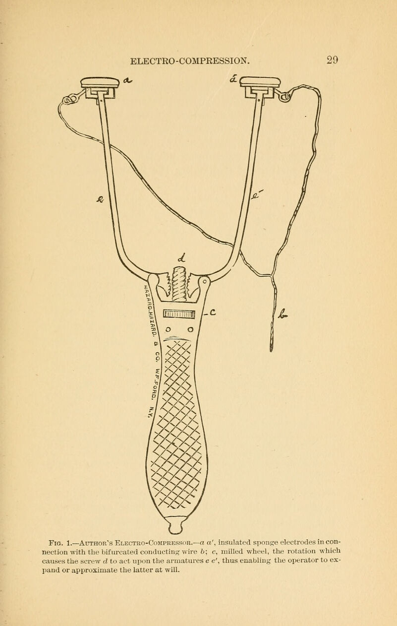 Fig. 1.—Author's Electro-Compressor.—a a', insulated sponge electrodes in con- nection with the bifurcated conducting--wire 6; c, milled wheel, tlie rotation which causes the screw d to act upon the armatui-es e e', thus enabling the operator to ex- pand or approximate the latter at will.