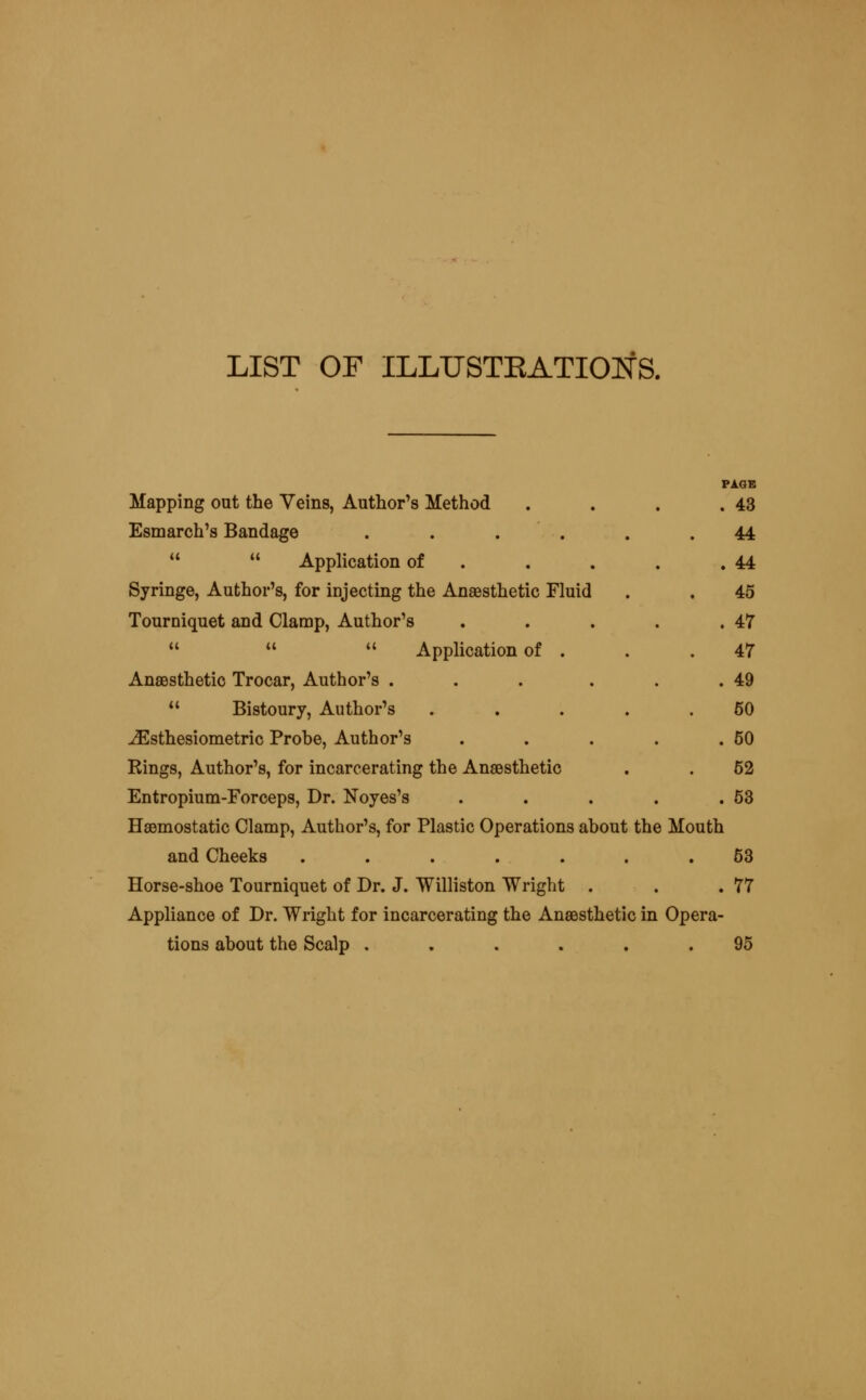 LIST OF ILLUSTEATIOlfS. PAGE Mapping out the Veins, Author's Method . . . .43 Esmarch's Bandage . . . . . .44   Application of . . . . ,44 Syringe, Author's, for injecting the Anaesthetic Fluid . . 45 Tourniquet and Clamp, Author's . . . . .47    Application of . . .47 AneBsthetic Trocar, Author's . . . . . .49 *' Bistoury, Author's ..... 60 -^sthesiometric Probe, Author's . . . . .50 Rings, Author's, for incarcerating the Anaesthetic . . 62 Entropium-Forceps, Dr. Noyes's . . . . .53 Haemostatic Clamp, Author's, for Plastic Operations about the Mouth and Cheeks ....... 53 Horse-shoe Tourniquet of Dr. J. Williston Wright . . .77 Appliance of Dr. Wright for incarcerating the Anaesthetic in Opera- tions about the Scalp ...... 95