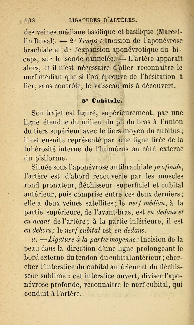 des veines médiane basilique et basilique (Marcel- lin Duval). — 2e Temps ; Incision de l'aponévrose brachiale et d i l'expansion aponévrotique du bi- ceps, sur la sonde cannelée.— L'artère apparaît alors, et il n'est nécessaire d'aller reconnaître le nerf médian que si Ton éprouve de l'hésitation à lier, sans contrôle, le vaisseau mis à découvert. 5° Cubitale. Son trajet est figuré, supérieurement, par une ligne étendue du milieu du pli du bras à l'union du tiers supérieur avec le tiers moyen du cubitus ; il est ensuite représenté par une ligne tirée de la tubérosité interne de l'humérus au côté externe du pisiforme. Située sous l'aponévrose antibrachiale profonde, l'artère est d'abord recouverte par les muscles rond pronateur, fléchisseur superficiel et cubital antérieur, puis comprise entre ces deux derniers; elle a deux veines satellites ; le nerf médian, à la partie supérieure, de l'avant-bras, est en dedans et en avant de l'artère ; à la partie inférieure, il est en dehors; le nerf cubital est en dedans. a. —Ligature à la partie moyenne: Incision de la peau dans la direction d'une ligne prolongeant le bord externe du tendon du cubital antérieur; cher- cher l'interstice du cubital antérieur et du fléchis- seur sublime : cet interstice ouvert, diviser l'apo- névrose profonde, reconnaître le nerf cubital, qui conduit à l'artère.