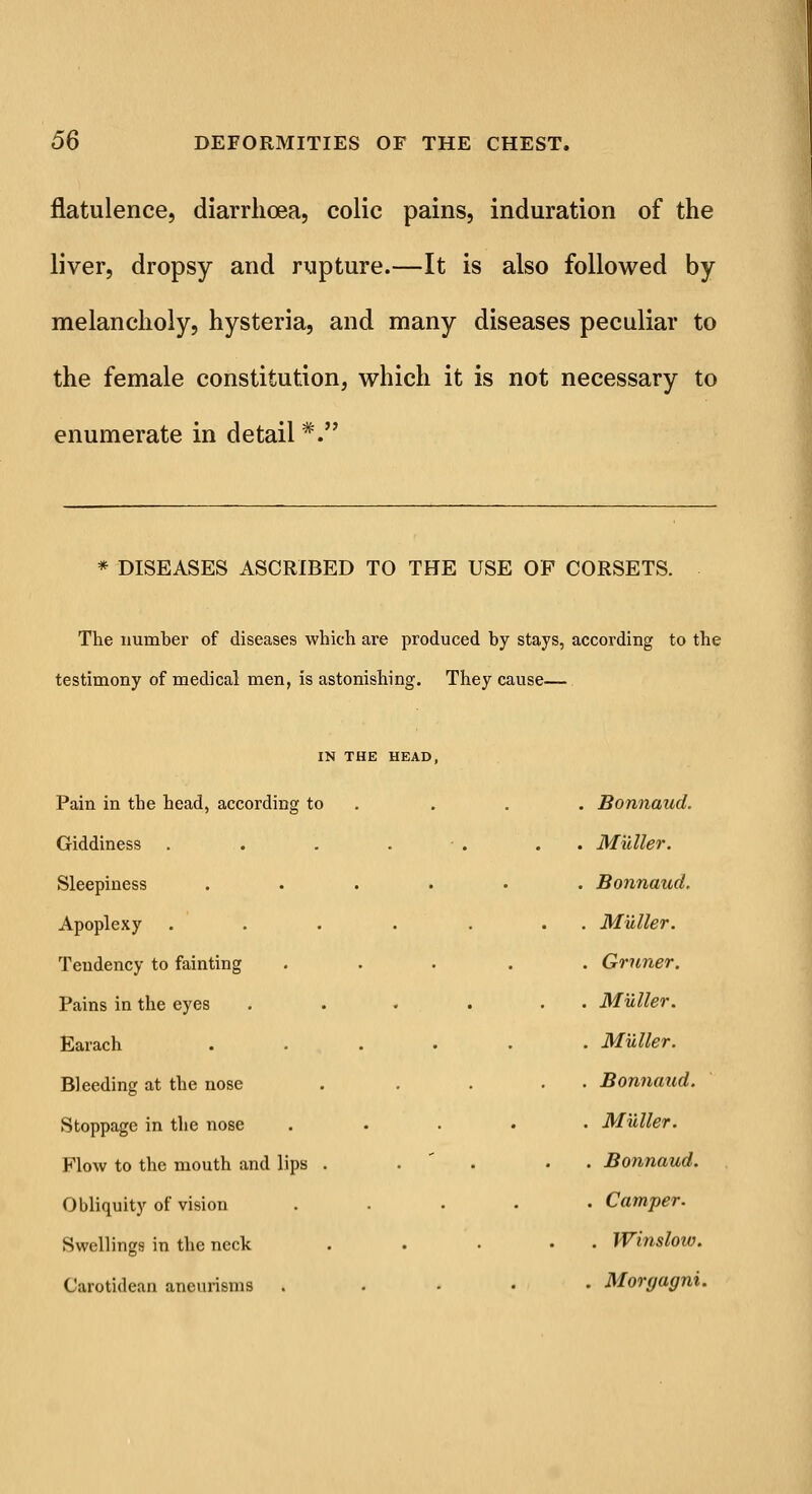 flatulence, diarrhoea, colic pains, induration of the liver, dropsy and rupture.—It is also followed by melancholy, hysteria, and many diseases peculiar to the female constitution, which it is not necessary to enumerate in detail*. * DISEASES ASCRIBED TO THE USE OF CORSETS. The number of diseases which are produced by stays, according to the testimony of medical men, is astonishing. They cause— IN THE HEAD, Pain in the head, according to Giddiness Sleepiness Apoplexy Tendency to fainting Pains in the eyes Earach Bleeding at the nose Stoppage in the nose Flow to the mouth and lips . Obliquity of vision Swellings in the neck Carotidean aneurisms . Bonnaud. . Midler. . Bonnaud. . Miiller. . Gruner. . Miiller. . Miiller. . Bonnaud. . Miiller. . Bonnaud. . Camper. . Winsloiv. . Moryagni.