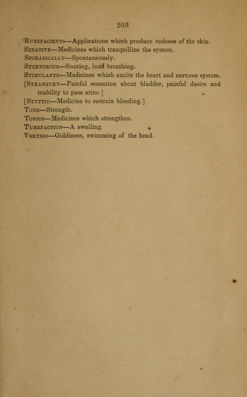 Rubefacients—Applications which produce redness of the skin. Sedative—Medicines which tranquillize the system. Sporadically—Spontaneously. Stertorous—Snoring, loud breathing. Stimulants—Medicines which excite the heart and nervous system. [Strangury—Painful sensation about bladder, painful desire and inability to pass urine.] [Styptic—Medicine to restrain bleeding.] Tone—Strength. Tonics—Medicines which strengthen. Tumefaction—A swelling. Vertigo—Giddiness, swimming of the head.