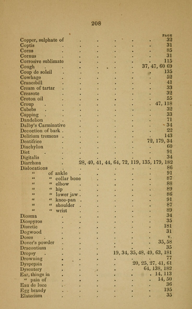 PAGE Copper, sulphate of 32 Coptis 31 Corns 85 Cornus 31 Corrosive sublimate 115 Cough 37, 47, 60 69 Coup de soleil 135 Cowhage 52 Cranesbill 41 Cream of tartar 33 Creasote 32 Croton oil 55 Croup . 47, 118 Cubebs 32 Cupping 33 Dandelion 71 Dalby's Carminative -34 Decoction of bark . 22 Delirium tremens . 143 Dentifrice 72, 179, 34 Diachylon 60 Diet 91 Digitalis 34 Diarrhoea . ' 28, 40, 4 [1, 44, I 4, 72, ] 19, 135, 179, 182 Dislocations 86  of ankle 91   collar bone 87   elbow 88   hip 89   lower jaw 86   knee-pan 91   shoulder 87   wrist 89 Diosma 34 Diospyros 35 Diuretic 181 Dogwood 31 Doses v. Dover's powder . 35,58 Dracontium 35 Dropsy 1 9, 34, 3 5,48,49, 63, 181 Drowning . % . 77 Dyspepsia . * . 20, 25, 27, 41, 61 Dysentery 64, 138, 182 Ear, things in . 14,113  pain of . 14,50 Eau de luce 36 Egg brandy 195 Elatorium 35