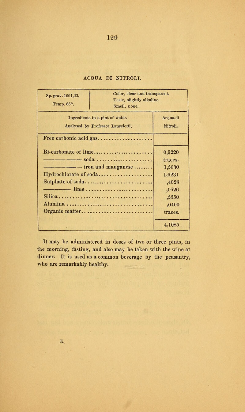 ACQUA DI NITROLI. Sp.grav. 1001,33. Temp. 86°. Color, clear and transparent. Taste, slightly alkaline. Smell, none. Ingredients in a pint of water. Analysed by Professor Lancelotti. A-cqua di Nitroli. Free carbonic acid gas. Bicarbonate of lime soda iron and manganese . Hydrochlorate of soda. Sulphate of soda lime Silica Alumina Organic matter 0,9220 traces. 1,5030 1,6231 ,4028 ,0626 ,5550 ,0400 traces. 4,1085 It may be administered in doses of two or three pints, in the morning, fasting, and also may be taken with the wine at dinner. It is used as a common beverage by the peasantry, who are remarkably healthy.