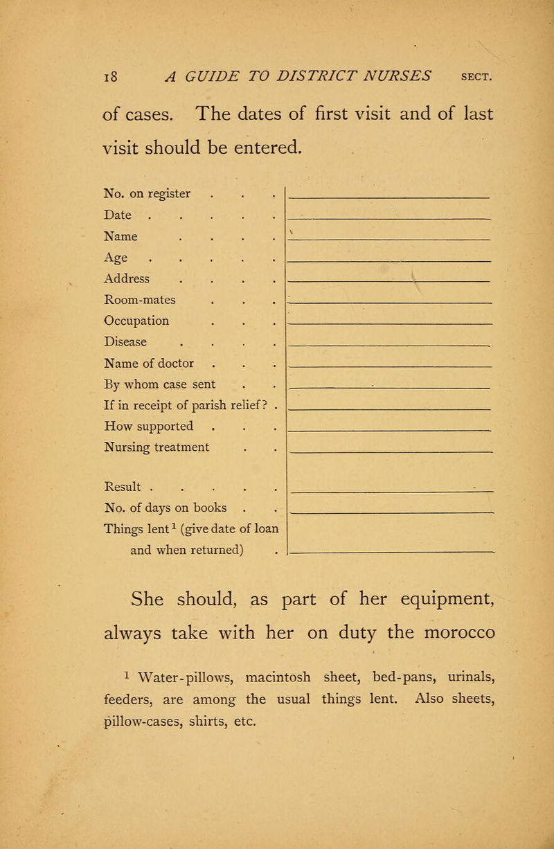 of cases. The dates of first visit and of last visit should be entered. No. on register Date .... Name Age ... Address Room-mates Occupation Disease Name of doctor By whom case sent If in receipt of parish relief? How supported Nursing treatment Result .... No. of days on books . Things lent1 (give date of loan and when returned) She should, as part of her equipment, always take with her on duty the morocco 1 Water-pillows, macintosh sheet, bed-pans, urinals, feeders, are among the usual things lent. Also sheets, pillow-cases, shirts, etc.