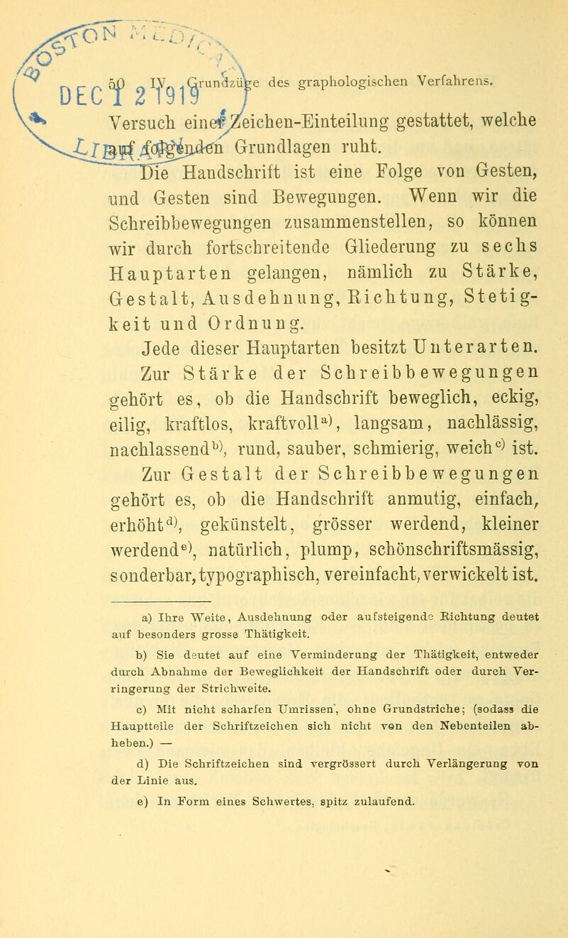 Versuch eine^X^ichen-Einteilung gestattet, welche ^iB^i^^^i^^^ Grundlagen ruht. )ie Handschrift ist eine Folge von Gesten, und Gesten sind Bewegungen. Wenn wir die Schreihbewegungen zusammenstellen, so können wir durch fortschreitende Gliederung zu sechs Hauptarten gelangen, nämlich zu Stärke, Gestalt, Ausdehnung, Kichtung, Stetig- keit und Ordnung. Jede dieser Hauptarten besitzt Unterarten. Zur Stärke der Schreibbewegungen gehört es, ob die Handschrift beweglich, eckig, eilig, kraftlos, kraftvoll^^ langsam, nachlässig, nachlassend^), rund, sauber, schmierig, weich ^^ ist. Zur Gestalt der Schreibbewegungen gehört es, ob die Handschrift anmutig, einfach, erhöht^^ gekünstelt, grösser werdend, kleiner werdend^\ natürlich, plump, schönschriftsmässig, sonderbar,typographisch, vereinfacht, verwickelt ist. a) Ihre Weite, Ausdehnung oder aufsteigende Kichtung deutet auf besonders grosse Thätigkeit. b) Sie deutet auf eine Verminderung der Thätigkeit, entweder durch Abnahme der Beweglichkeit der Handschrift oder durch Ver- ringerung der Strichweite. c) Mit nicht scharfen Umrissen, ohne Grundstriche; (sodass die Hauptteile der Schriftzeichen sich nicht von den Nebenteilen ab- heben.) — d) Die Schriftzeichen sind vergrössert durch Verlängerung von der Linie aus. e) In Form eines Schwertes, spitz zulaufend.