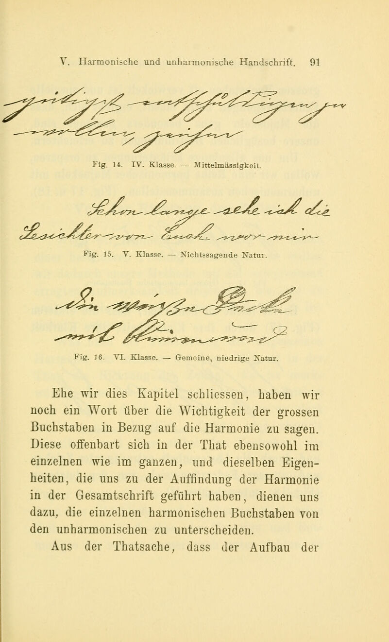 rig. 14. IV. Klasse. — Mittelmässigkeit. Fig. 15. V. Klasse. — Nichtssagende Natur. Fig. 16. VI. Klasse. — Gemeine, niedrige Natur. Ehe wir dies Kapitel scbliessen, haben wir noch ein Wort über die Wichtigkeit der grossen Buchstaben in Bezug auf die Harmonie zu sagen. Diese offenbart sich in der That ebensowohl im einzelnen wie im ganzen, und dieselben Eigen- heiten, die uns zu der Auffindung der Harmonie in der Gesamtschrift geführt haben, dienen uns dazu, die einzelnen harmonischen Buchstaben von den unharmonischen zu unterscheiden. Aus der Thatsache, dass der Aufbau der