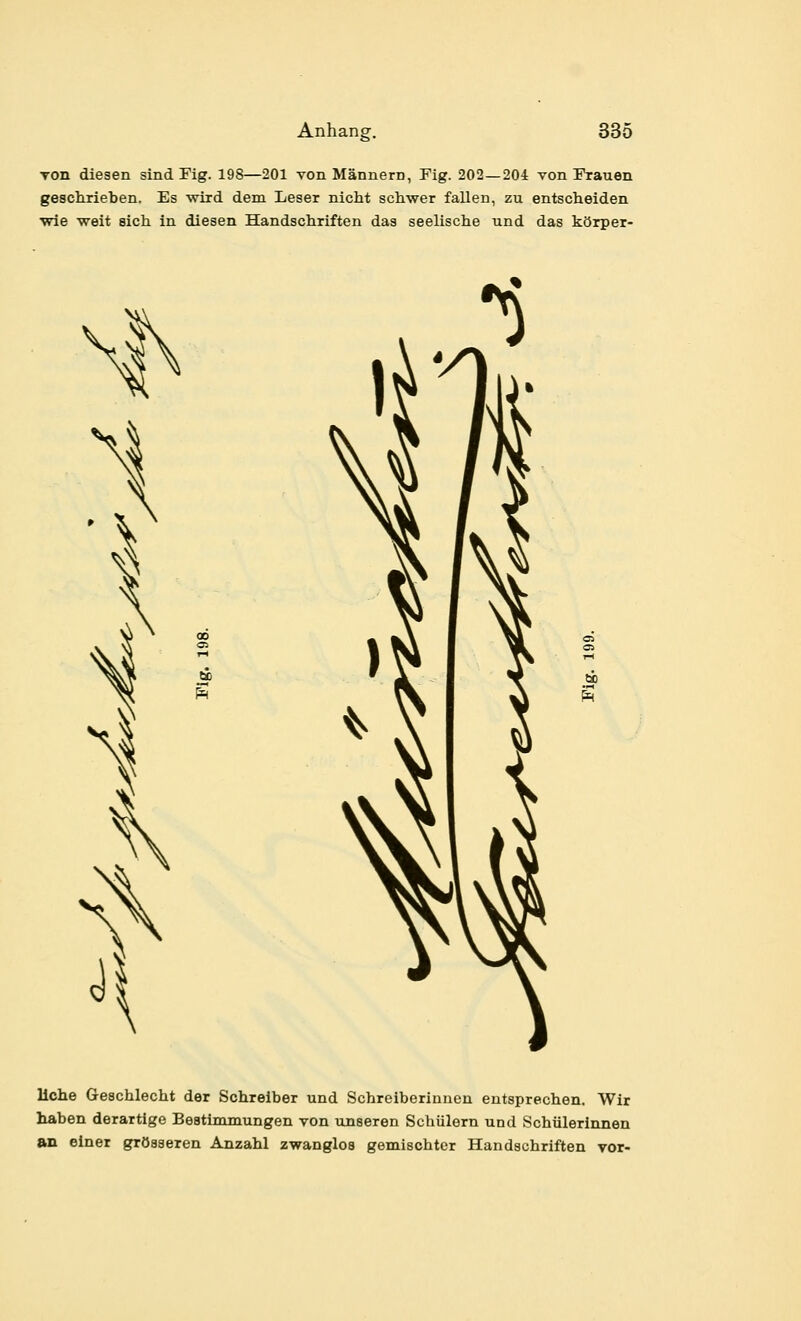 TOn diesen sind Fig. 198—201 von Männern, Fig. 202—204 von Frauen gesclirieben. Es -wird dem Leser nicht schwer fallen, zu entscheiden wie weit sich in diesen Handschriften das seelische und das körper- 60 J (20 liehe Geschlecht der Schreiber und Schreiberinnen entsprechen. Wir haben derartige Bestimmungen von unseren Schülern und Schülerinnen an einer grösseren Anzahl zwanglos gemischter Handschriften vor-