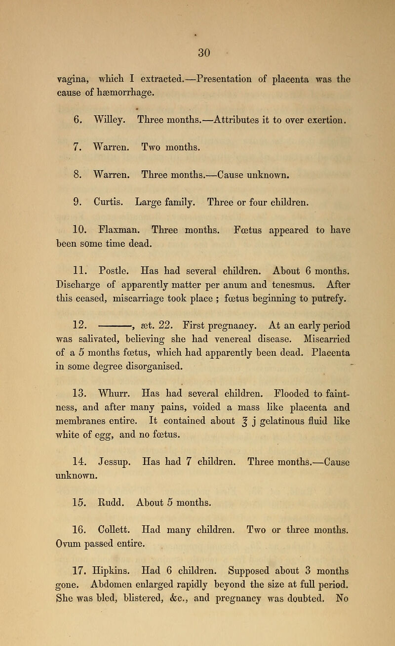 vagina, which I extracted.—Presentation of placenta was the cause of haemorrhage. 6. Willey. Three months.—Attributes it to over exertion. 7. Warren. Two months. 8. Warren, Three months.—Cause unknown. 9. Curtis. Large family. Three or four children. 10. Flaxman. Three months. Foetus appeared to have been some time dead. 11. Postle. Has had several children. About 6 months. Discharge of apparently matter per anum and tenesmus. After this ceased, miscarriage took place ; foetus beginning to putrefy. 12. , set. 22. First pregnancy. At an early period was salivated, believing she had venereal disease. Miscarried of a 5 months foetus, which had apparently been dead. Placenta in some degree disorganised. 13. Whurr. Has had several children. Flooded to faint- ness, and after many pains, voided a mass like placenta and membranes entire. It contained about ^ j gelatinous fluid Hke white of egg, and no foetus. 14. Jessup. Has had 7 children. Three months.—Cause unknown. 15. Rudd. About 5 months. 16. CoUett. Had many children. Two or three months. Ovum passed entire. 17. Hipkins. Had 6 children. Supposed about 3 months gone. Abdomen enlarged rapidly beyond the size at fuU period. She was bled, bhstered, &c., and pregnancy was doubted. No