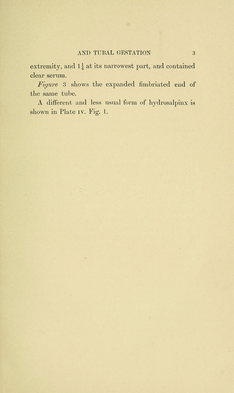 extremity, and 1J at its narrowest part, and contained clear serum. Figure 3 shows the expanded fimbriated end of the same tube. A different and less usual form of hydrosalpinx is shown in Plate iv. Fig. 1.