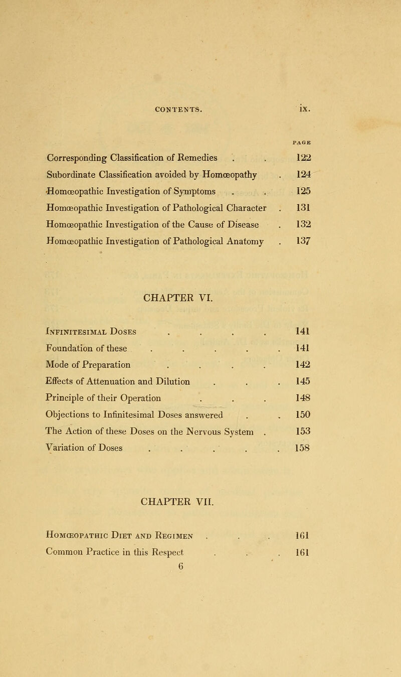 Corresponding Classification of Remedies . . 122 Subordinate Classification avoided by Homoeopathy . 124 -Homoeopathic Investigation of Symptoms . . 125 Homoeopathic Investigation of Pathological Character . 131 Homoeopathic Investigation of the Cause of Disease . 132 Homoeopathic Investigation of Pathological Anatomy . 137 CHAPTER VI. Infinitesimal Doses .... 141 Foundation of these . . . . .141 Mode of Preparation .... 142 Effects of Attenuation and Dilution . . .145 Principle of their Operation . . . 148 Objections to Infinitesimal Doses answered . . 150 The Action of these Doses on the Nervous System . 153 Variation of Doses . . . . .158 CHAPTER VII. Homoeopathic Diet and Regimen . . . 161 Common Practice in this Respect . . .161
