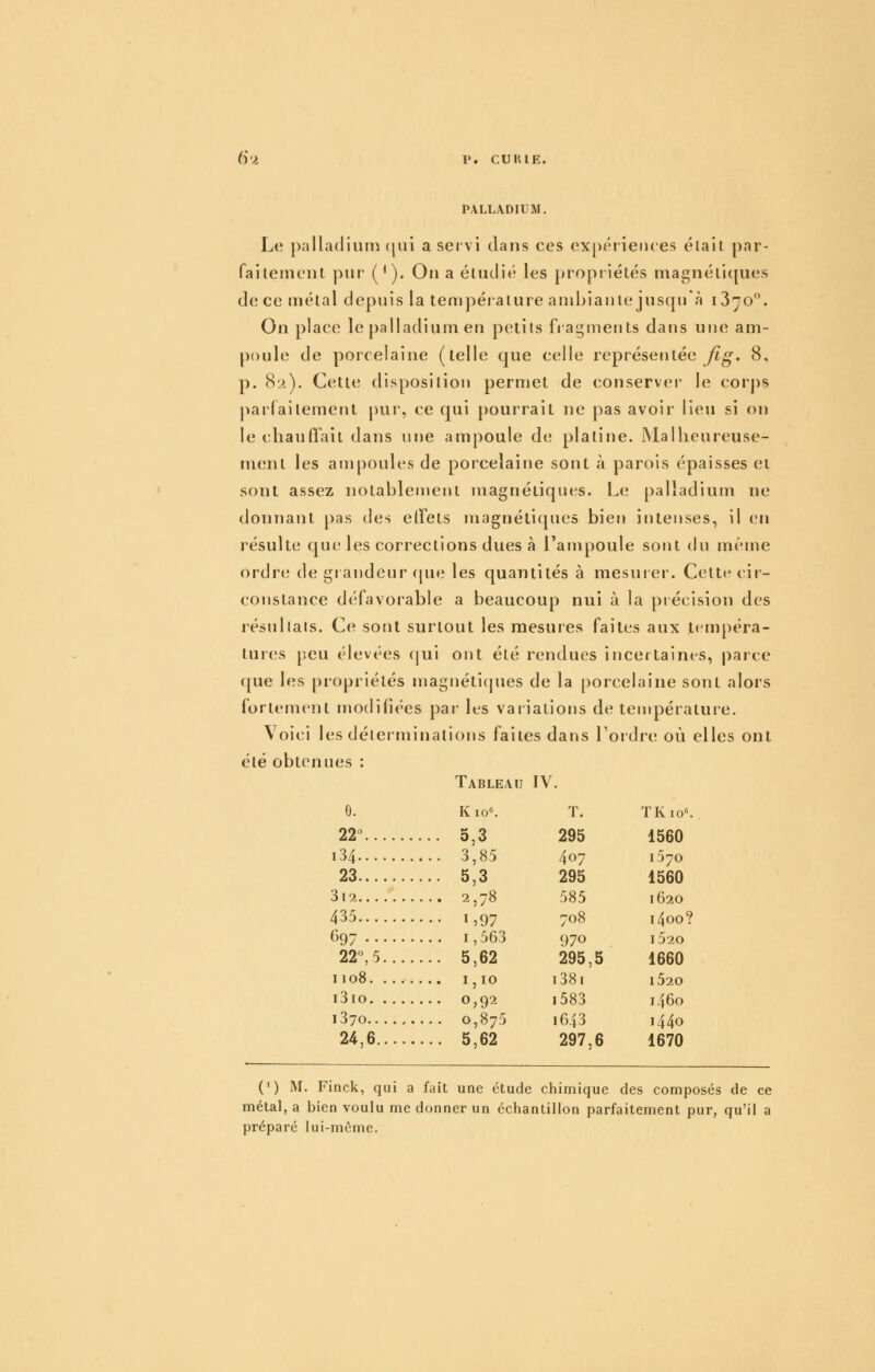 PALLADIUM. Le palladium cjui a servi dans ces expériences élail par- failement pur (^). Ou a étudié les propriétés magnéru|ues de ce uiélal depuis la lempéiature auibianle jusqu à 1370. On place le |)alladium en petits fragments dans une am- poule de porcelaine (telle que celle représentée yF^. 8, p. 82). Cette disposition permet de conserver le corps parfaitement |>ur, ce qui pourrait ne pas avoir lieu si on le chauffait dans une ampoule de platine. ]Mallieureuse- ment les ampoules de porcelaine sont à parois épaisses et sont assez notablement magnétiques. Le palladium ne donnant pas des effets magnétiques bien intenses, il en résulte que les corrections dues à l'ampoule sont du même ordre de grandeur que les quantités à mesuier. Cette cir- constance défavorable a beaucoup nui à la précision des résultats. Ce sont surtout les mesures faites aux tempéra- tures peu élevées (|ui ont été rendues incertaines, parce ([ue les propriétés magnétiques de la porcelaine sont alors fortement modifiées par les variations de température. Voici les déterminations faites dans l'oidre où elles ont été obtenues : Tableau IV. 6. Kio^ T. TKio«. 22 3,3 295 1560 i34 3,85 407 1570 23 5,3 295 1560 312 2,78 585 1620 435 1,97 708 i4oo? 697 1,563 970 i520 22,5 5,62 295,5 1660 1108 1,10 i38i i52o i3io 0,92 i583 1460 1370 0,875 1643 1440 24,6 5,62 297,6 1670 (') M. Finck, qui a fait une étude chimique des composés de ce métal, a bien voulu me donner un échantillon parfaitement pur, qu'il a préparé lui-même.