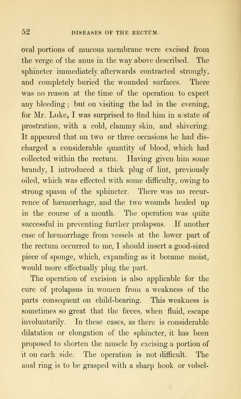 oval portions of mucous membrane were excised from the verge of the anus in the way above described. The sphincter immediately afterwards contracted strongly, and completely buried the wounded surfaces. There was no reason at the time of the operation to expect any bleeding; but on visiting the lad in the evening, for Mr. Luke, I was surprised to find him in a state of prostration, with a cold, clammy skin, and shivering. It appeared that on two or three occasions he had dis- charged a considerable quantity of blood, which had collected within the rectum. Having given him some brandy, I introduced a thick plug of lint, previously oiled, which was effected with some difficulty, owing to strong spasm of the sphincter. There was no recur- rence of haemorrhage, and the two wounds healed up in the course of a month. The operation was quite successful in preventing further prolapsus. If another case of haemorrhage from vessels at the lower part of the rectum occurred to me, I should insert a good-sized piece of sponge, which, expanding as it became moist, would more effectually plug the part. The operation of excision is also applicable for the cure of prolapsus in women from a weakness of the parts consequent on child-bearing. This weakness is sometimes so great that the faeces, when fluid, escape involuntarily. In these cases, as there is considerable dilatation or elongation of the sphincter, it has been proposed to shorten the muscle by excising a portion of it on each side. The operation is not difficult. The anal ring is to be grasped with a sharp hook or volsel-