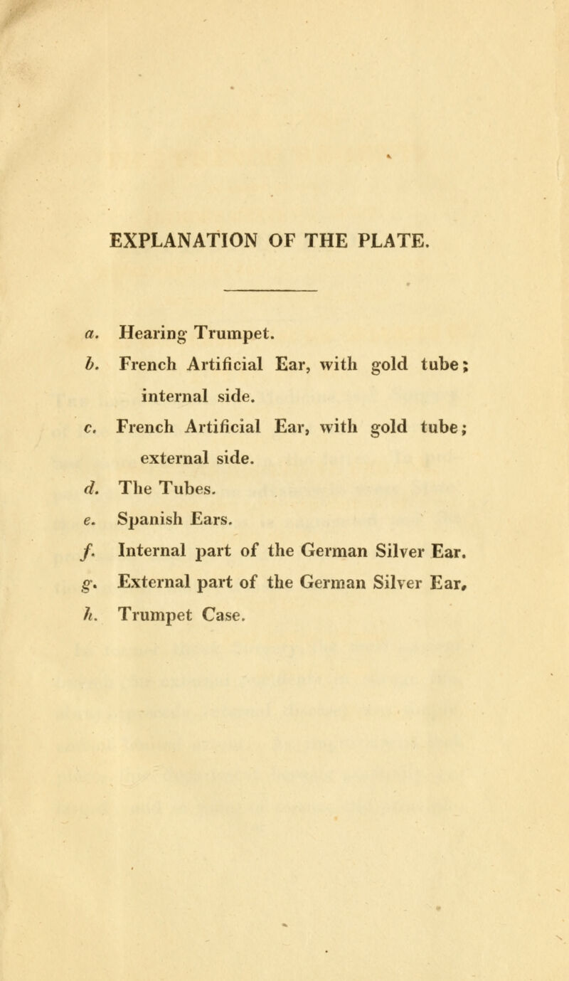 EXPLANATION OF THE PLATE. a. Hearing Trumpet. b. French Artificial Ear, with gold tube; internal side. c. French Artificial Ear, with gold tube; external side. d. The Tubes. e. Spanish Ears. /. Internal part of the German Silver Ear. g. External part of the German Silver Ear, h. Trumpet Case.