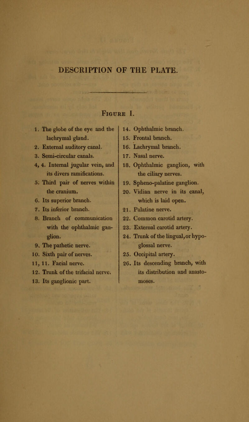 DESCRIPTION OF THE PLATE. Figure I. 1. The globe of the eye and the lachrymal gland. 2. External auditory canal. 3. Semi-circular canals. 4. 4. Internal jugular vein, and its divers ramifications. 5. Third pair of nerves within the cranium. 6. Its superior branch. 7. Its inferior branch. 8. Branch of communication with the ophthalmic gan- glion. 9. The pathetic nerve. 10. Sixth pair of nerves. 11. 11. Facial nerve. 12. Trunk of the trifacial nerve. 13. Its ganglionic part. 14. Ophthalmic branch. 15. Frontal branch. 16. Lachrymal branch. 17. Nasal nerve. 18. Ophthalmic ganglion, with the ciliary nerves. 19. Spheno-palatine ganglion. 20. Vidian nerve in its canal, which is laid open. 21. Palatine nerve. 22. Common carotid artery. 23. External carotid artery. 24. Trunk of the lingual,or hypo- glossal nerve. 25. Occipital artery. 26. Its descending branch, with its distribution and anasto- moses.