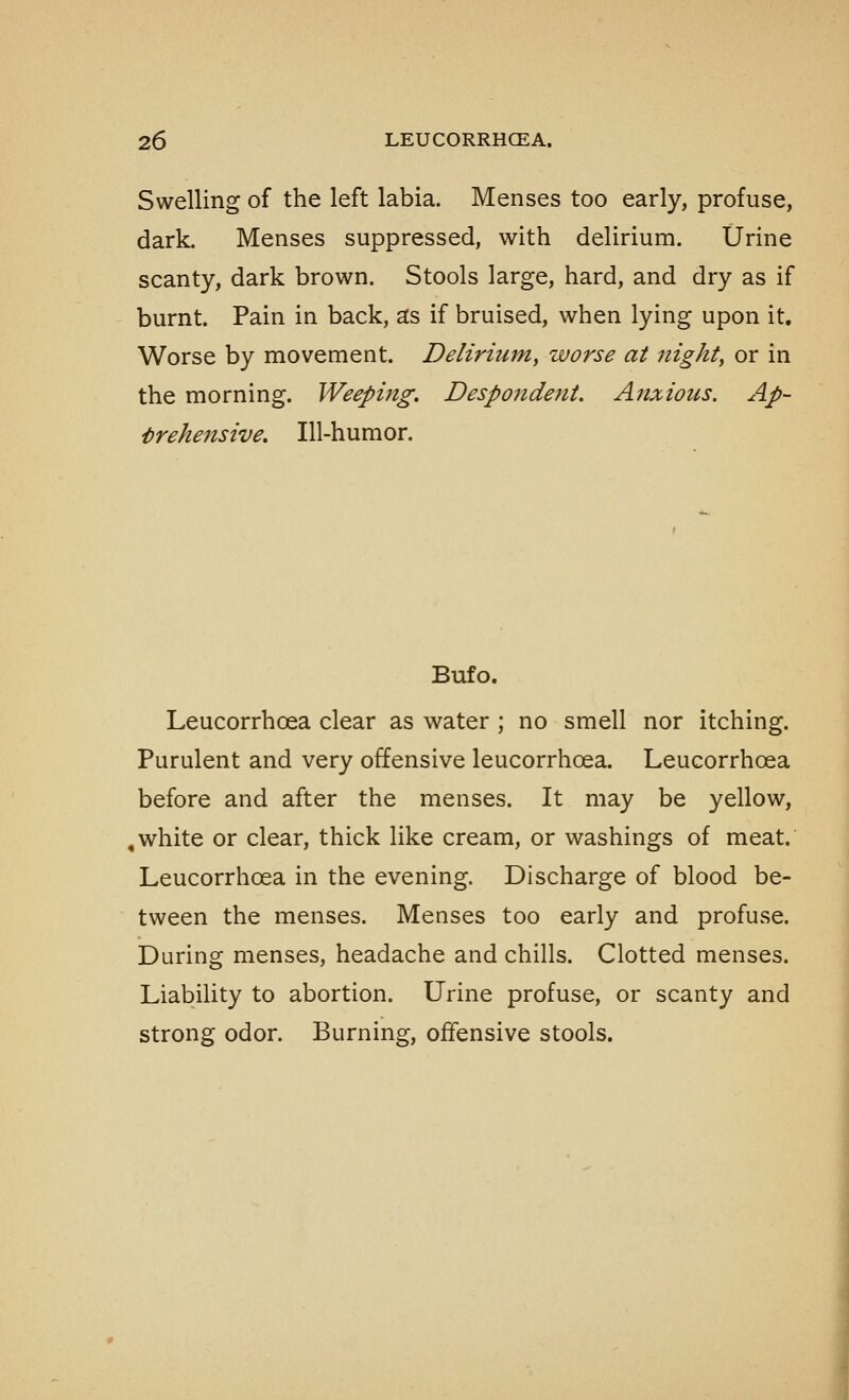 Swelling of the left labia. Menses too early, profuse, dark. Menses suppressed, with delirium. Urine scanty, dark brown. Stools large, hard, and dry as if burnt. Pain in back, ats if bruised, when lying upon it. Worse by movement. Deliriumy worse at nighty or in the morning. Weeping. Despondent. Anxious. Ap- i)rehensive. Ill-humor. Bufo. Leucorrhoea clear as water ; no smell nor itching. Purulent and very offensive leucorrhoea. Leucorrhoea before and after the menses. It may be yellow, , white or clear, thick like cream, or washings of meat. Leucorrhoea in the evening. Discharge of blood be- tween the menses. Menses too early and profuse. During menses, headache and chills. Clotted menses. Liability to abortion. Urine profuse, or scanty and strong odor. Burning, offensive stools.