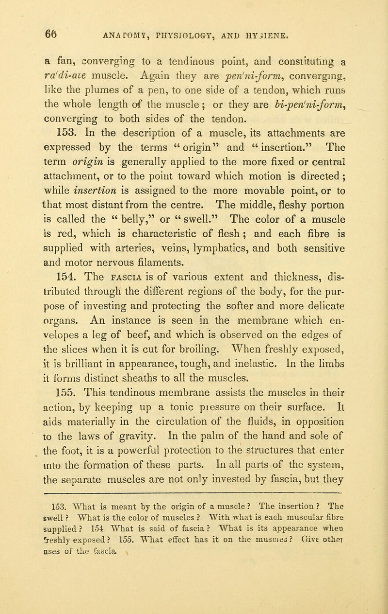 a fan, converging to a tendinous point, and constituting a ra'di-aie muscle. Again they are pen'ni-forrn, converging, like the plumes of a pen, to one side of a tendon, which runs the whole length of the muscle ; or they are bi-pen'ni-form, converging to both sides of the tendon. 153. In the description of a muscle, its attachments are expressed by the terms  origin and  insertion. The term origin is generally applied to the more fixed or central attachment, or to the point toward which motion is directed; while insertion is assigned to the more movable point, or to that most distant from the centre. The middle, fleshy portion is called the  belly, or  swell. The color of a muscle is red, which is characteristic of flesh ; and each fibre is supplied with arteries, veins, lymphatics, and both sensitive and motor nervous filaments. 154. The fascia is of various extent and thickness, dis- tributed through the different regions of the body, for the pur- pose of investing and protecting the softer and more delicate organs. An instance is seen in the membrane which en- velopes a leg of beef, and which is observed on the edges of the slices when it is cut for broiling. When freshly exposed, it is brilliant in appearance, tough, and inelastic. In the limbs it forms distinct sheaths to all the muscles. 155. This tendinous membrane assists the muscles in their action, by keeping up a tonic piessure on their surface. It aids materially in the circulation of the fluids, in opposition to the laws of gravity. In the palm of the hand and sole of the foot, it is a powerful protection to the structures that enter into the formation of these parts. In all parts of the system, the separate muscles are not only invested by fascia, but they 153. What is meant by the origin of a muscle ? The insertion ? The swell ? What is the color of muscles ? With what is each muscular fibre supplied? 154. What is said of fascia? What is its appearance whet! freshly exposed ? 155. What effect has it on the muscjej? Give other ases of th<; fascia.