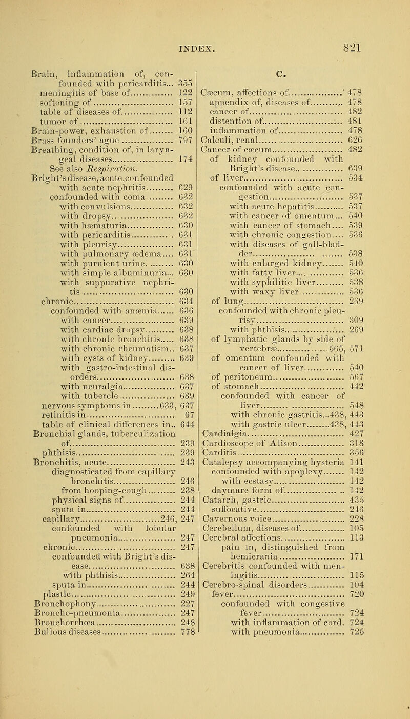 Brain, inflammation of, con- founded with pericarditis... 355 meningitis of base of 122 softening of 157 table of diseases of. 112 tumor of 161 Brain-power, exhaustion of 160 Brass founders' ague 797 Breathing, condition of, in laryn- geal diseases 174 See also Respiration. Bright's disease, acute,confounded with acute nephritis G29 confounded with coma 632 with convulsions 632 with dropsy.. 632 with hsematuria 630 with pericarditis 631 with pleurisy 631 with pulmonary oedema.... 631 with purulent urine 630 Avith simple albuminuria... 630 with suppurative nephri- tis 630 chronic 634 confounded with anaemia 636 with cancer 639 with cardiac dropsy 638 with chronic bronchitis 638 with chronic rheumatism.. 637 with cysts of kidney 639 with gastro-intestinal dis- orders 638 with neuralgia 637 with tubercle 639 nervous symptoms in 633, 637 retinitis in , 67 table of clinical differences in.. 644 Bronchial glands, tuberculization of. 239 phthisis 239 Bronchitis, acute 243 diagnosticated from capillary bronchitis 246 from hooping-cough 238 physical signs of 244 sputa in 244 capillary 246, 247 confounded with lobular pneumonia 247 chronic 247 confounded with Bright's dis- ease 638 with phthisis 264 sputa in 244 plastic 249 Bronchophony 227 Broncho-pneumonia 247 Bronchorrhcea 248 Bullous diseases 778 C. Caecum, affections of  478 appendix of, diseases of ,. 478 cancer of 482 distention of 481 inflammation of 478 Calculi, renal 626 Cancer of caseum 482 of kidney confounded with Bright's disease 639 of liver 534 confounded with acute con- gestion 537 with acute hepatitis 537 with cancer of omentum... 540 with cancer of stomach.... 539 with chronic congestion 536 with diseases of gall-blad- der 538 with enlarged kidney 540 with fatty liver 536 with syphilitic liver 538 with waxy liver 536 of lung 269 confounded with chronic pleu- risy 309 with phthisis '... 269 of lymphatic glands by side of vertebrae 565, 571 of omentum confounded with cancer of liver - 540 of peritoneum 567 of stomach 442 confounded with cancer of liver 548 with chronic gastritis...438, 443 with gastric ulcer 438, 443 Cardialgia 427 Cardioscope of Alison 318 Carditis 356 Catalepsy accompanying hysteria 141 confounded with apoplexy 142 with ecstasy 142 daymare form of 142 Catarrh, gastric 435 suffocative 246 Cavernous voice 22S Cerebellum, diseases of. 105 Cerebral affections 113 pain in, distinguished from hemicrania 171 Cerebritis confounded with men- ingitis 115 Cerebro-spinal disorders 104 fever 720 confounded with congestive fever 724 with inflammation of cord. 724 with pneumonia 725