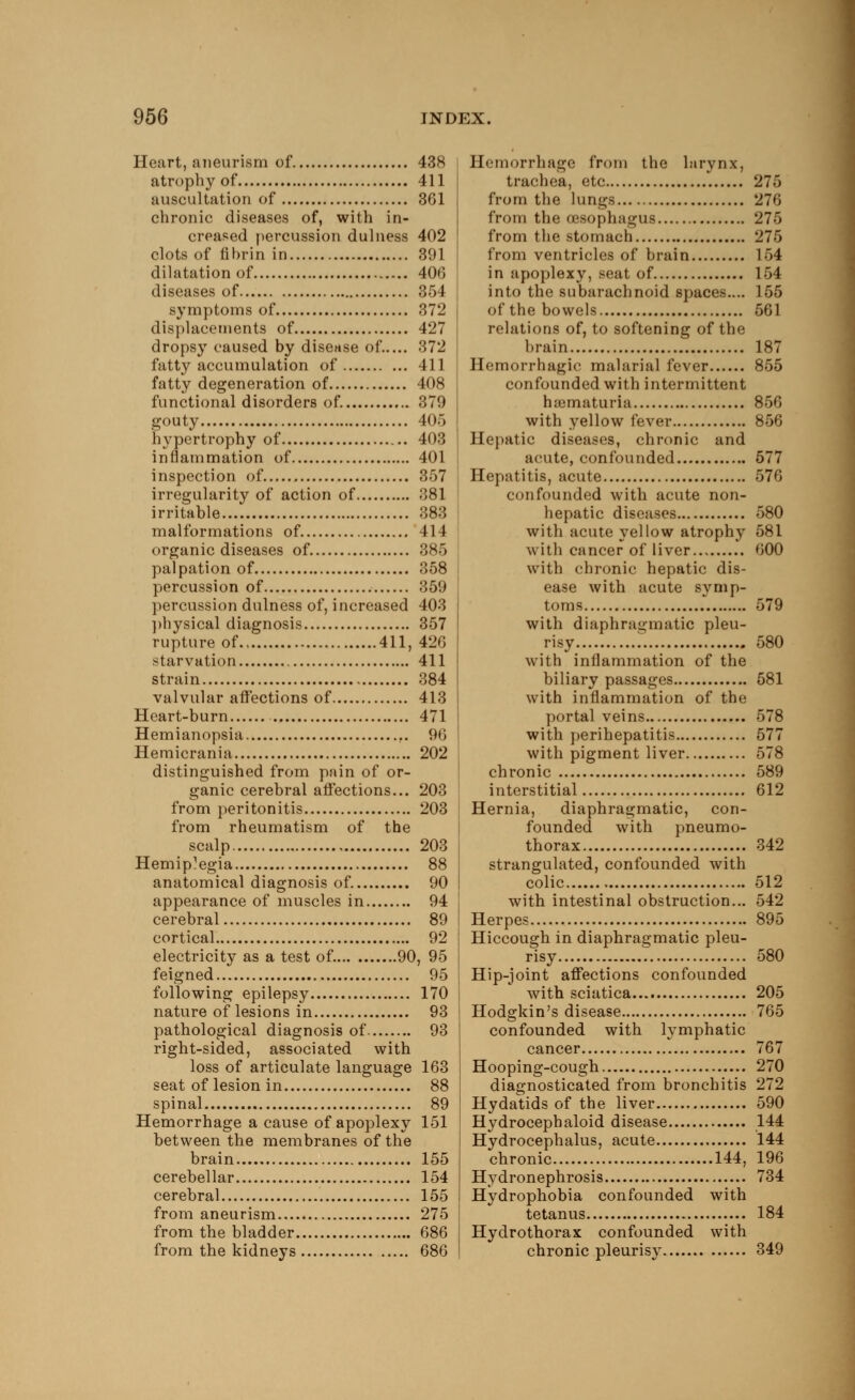 Heart, aneurism of 438 atrophy of 411 auscultation of 361 chronic diseases of, with in- creased percussion dulness 402 clots of fibrin in 391 dilatation of 406 diseases of 354 symptoms of 372 displacements of 427 dropsy caused by disease of 372 fatty accumulation of 411 fatty degeneration of 408 functional disorders of. 379 gouty 105 hypertrophy of 403 inflammation of 401 inspection of 357 irregularity of action of 381 irritable 383 malformations of. 414 organic diseases of. 385 palpation of 358 percussion of 359 percussion dulness of, increased 403 physical diagnosis 357 rupture of 411, 426 starvation 411 strain 384 valvular affections of 413 Heart-burn 471 Hemianopsia .. 96 Hemicrania 202 distinguished from pain of or- ganic cerebral affections... 203 from peritonitis 203 from rheumatism of the scalp 203 Hemiplegia 88 anatomical diagnosis of. 90 appearance of muscles in 94 cerebral 89 cortical 92 electricity as a test of. 90, 95 feigned 95 following epilepsy 170 nature of lesions in 93 pathological diagnosis of 93 right-sided, associated with loss of articulate language 163 seat of lesion in 88 spinal 89 Hemorrhage a cause of apoplexy 151 between the membranes of the brain 155 cerebellar 154 cerebral 155 from aneurism 275 from the bladder 686 from the kidneys 686 Hemorrhage from the larynx, trachea, etc 275 from the lungs 276 from the oesophagus 275 from the stomach 275 from ventricles of brain 154 in apoplexy, seat of 154 into the subarachnoid spaces.... 155 of the bowels 561 relations of, to softening of the brain 187 Hemorrhagic malarial fever 855 confounded with intermittent hematuria 856 with yellow fever 856 Hepatic diseases, chronic and acute, confounded 577 Hepatitis, acute 576 confounded with acute non- hepatic diseases 580 with acute yellow atrophy 581 with cancer of liver 600 with chronic hepatic dis- ease with acute symp- toms ., 579 with diaphragmatic pleu- risy 580 with inflammation of the biliary passages 581 with inflammation of the portal veins 578 with perihepatitis 577 with pigment liver 578 chronic 589 interstitial 612 Hernia, diaphragmatic, con- founded with pneumo- thorax 342 strangulated, confounded with colic 512 with intestinal obstruction... 542 Herpes 895 Hiccough in diaphragmatic pleu- risy 580 Hip-joint affections confounded with sciatica 205 Hodgkin's disease 765 confounded with lymphatic cancer 767 Hooping-cough 270 diagnosticated from bronchitis 272 Hydatids of the liver 590 Hydrocephaloid disease 144 Hydrocephalus, acute 144 chronic 144, 196 Hydronephrosis 734 Hydrophobia confounded with tetanus 184 Hydrothorax confounded with chronic pleurisy 349