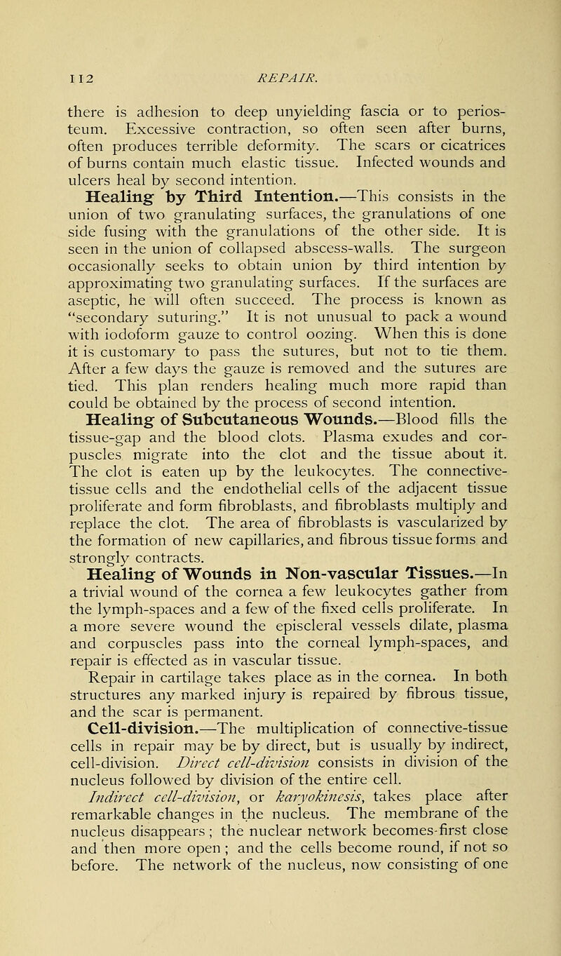 there is adhesion to deep unyielding fascia or to perios- teum. Excessive contraction, so often seen after burns, often produces terrible deformity. The scars or cicatrices of burns contain much elastic tissue. Infected wounds and ulcers heal by second intention. Healing by Third Intention.—This consists in the union of two granulating surfaces, the granulations of one side fusing with the granulations of the other side. It is seen in the union of collapsed abscess-walls. The surgeon occasionally seeks to obtain union by third intention by approximating two granulating surfaces. If the surfaces are aseptic, he will often succeed. The process is known as secondary suturing. It is not unusual to pack a wound with iodoform gauze to control oozing. When this is done it is customary to pass the sutures, but not to tie them. After a few days the gauze is removed and the sutures are tied. This plan renders healing much more rapid than could be obtained by the process of second intention. Healing of Subcutaneous Wounds.—Blood fills the tissue-gap and the blood clots. Plasma exudes and cor- puscles migrate into the clot and the tissue about it. The clot is eaten up by the leukocytes. The connective- tissue cells and the endothelial cells of the adjacent tissue proliferate and form fibroblasts, and fibroblasts multiply and replace the clot. The area of fibroblasts is vascularized by the formation of new capillaries, and fibrous tissue forms and strongly contracts. Healing of Wounds in Non-vascular Tissues.—In a trivial wound of the cornea a few leukocytes gather from the lymph-spaces and a few of the fixed cells proliferate. In a more severe wound the episcleral vessels dilate, plasma and corpuscles pass into the corneal lymph-spaces, and repair is effected as in vascular tissue. Repair in cartilage takes place as in the cornea. In both structures any marked injury is repaired by fibrous tissue, and the scar is permanent. Cell-division.—The multiplication of connective-tissue cells in repair may be by direct, but is usually by indirect, cell-division. Direct cell-division consists in division of the nucleus followed by division of the entire cell. Indirect cell-division, or karyokinesis, takes place after remarkable changes in the nucleus. The membrane of the nucleus disappears ; the nuclear network becomes-first close and then more open ; and the cells become round, if not so before. The network of the nucleus, now consisting of one