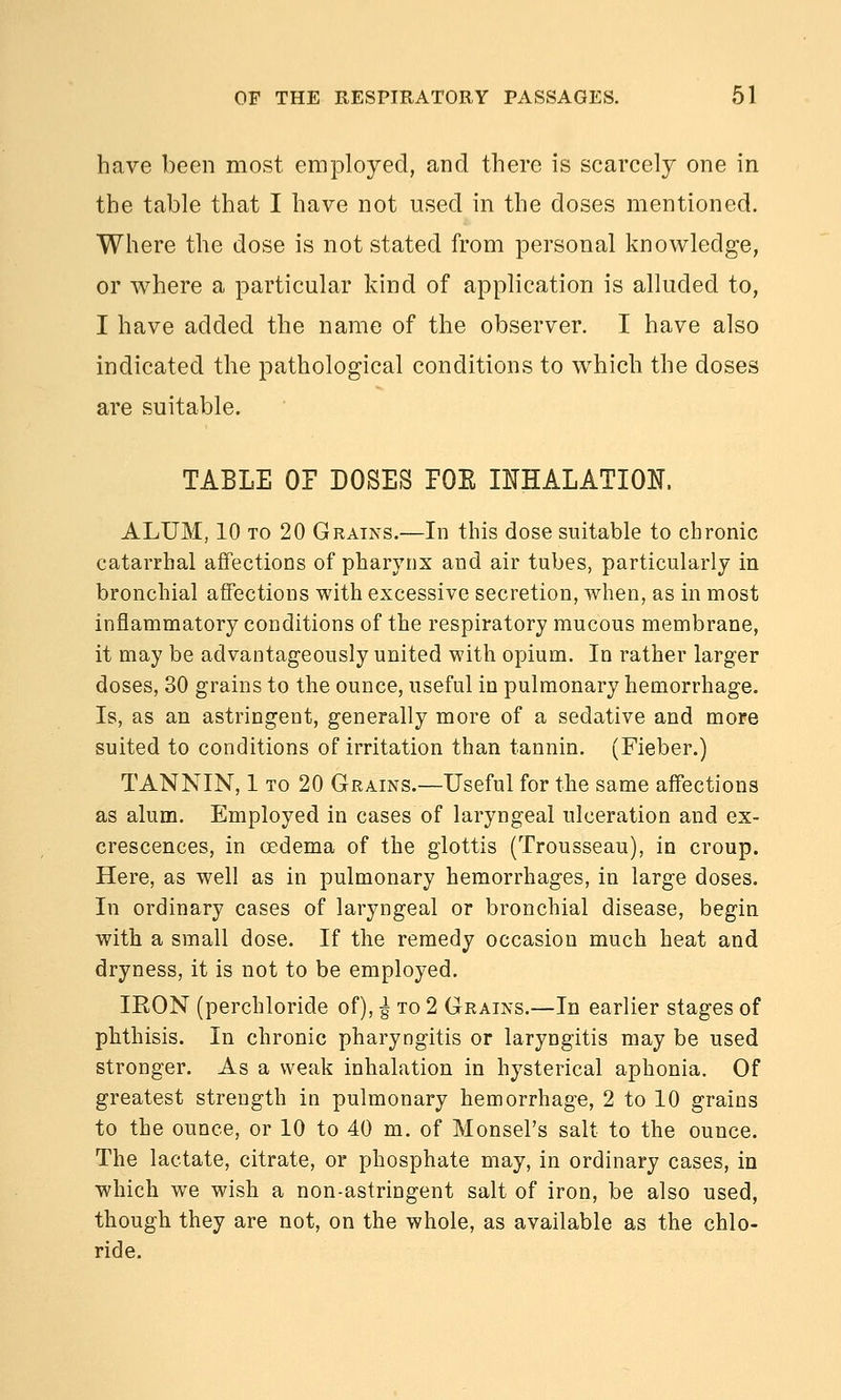 have been most employed, and there is scarcely one in the table that I have not used in the doses mentioned. Where the dose is not stated from personal knowledge, or where a particular kind of application is alluded to, I have added the name of the observer. I have also indicated the pathological conditions to which the doses are suitable. TABLE OF DOSES POE IIJHALATION. ALUM, 10 TO 20 Grains.—Li this dose suitable to chronic catarrhal affections of pharynx and air tubes, particularly in bronchial affections with excessive secretion, when, as in most inflammatory conditions of the respiratory mucous membrane, it may be advantageously united with opium. In rather larger doses, 30 grains to the ounce, useful in pulmonary hemorrhage. Is, as an astringent, generally more of a sedative and more suited to conditions of irritation than tannin. (Fieber.) TANNIN, 1 TO 20 Grains.—Useful for the same affections as alum. Employed in cases of laryngeal ulceration and ex- crescences, in oedema of the glottis (Trousseau), in croup. Here, as well as in pulmonary hemorrhages, in large doses. In ordinary cases of laryngeal or bronchial disease, begin with a small dose. If the remedy occasion much heat and dryness, it is not to be employed. IRON (perchloride of), | to 2 Grains.—In earlier stages of phthisis. In chronic pharyngitis or laryngitis may be used stronger. As a weak inhalation in hysterical aphonia. Of greatest strength in pulmonary hemorrhage, 2 to 10 grains to the ounce, or 10 to 40 m. of Monsel's salt to the ounce. The lactate, citrate, or phosphate may, in ordinary cases, in which we wish a non-astringent salt of iron, be also used, though they are not, on the whole, as available as the chlo- ride.