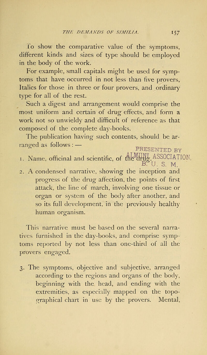 Lo show the comparative value of the symptoms, different kinds and sizes of type should be employed in the body of the work. For example, small capitals might be used for symp- toms that have occurred in not less than five provers, Italics for those in three or four provers, and ordinary type for all of the rest. Such a digest and arrangement would comprise the most uniform and certain of drug effects, and form a work not so unwieldy and difficult of reference as that composed of the complete day-books. The publication having such contents, should be ar- ranofed as follows : — „_ ^ PRESENTED BY 1. Name, officinal and scientific, of A^Wffi.ASSOCIATION, B^U. S. M. 2. A condensed narrative, showing the inception and progress of the drug affection, the points of first attack, the line of march, involving one tissue or organ or system of the body after another, and so its full development, in the previously healthy human organism. This narrative must be based on the several narra- tives furnished in the day-books, and comprise symp- toms reported by not less than one-third of all the provers engaged. 3. The symptoms, objective and subjective, arranged according to the regions and organs of the body, beginning with the head, and ending with the extremities, as especially mapped on the topo- graphical chart in use by the provers. Mental,