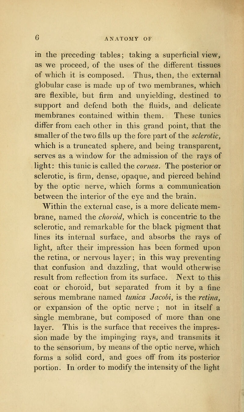 in the preceding tables; taking a superficial vieWy as we proceed, of the uses of the different tissues of which it is composed. Thus, then, the external globular case is made up of two membranes, which are flexible, but firm and unyielding, destined to support and defend both the fluids, and delicate membranes contained within them. These tunics differ from each other in this grand point, that the smaller of the two fills up the fore part of the sclerotic, which is a truncated sphere, and being transparent, serves as a window for the admission of the rays of light: this tunic is called the cornea. The posterior or sclerotic, is firm, dense, opaque, and pierced behind by the optic nerve, which forms a communication between the interior of the eye and the brain. Within the external case, is a more delicate mem- brane, named the choroid, which is concentric to the sclerotic, and remarkable for the black pigment that lines its internal surface, and absorbs the rays of light, after their impression has been formed upon the retina, or nervous layer; in this way preventing that confusion and dazzling, that would otherwise result from reflection from its surface. Next to this coat or choroid, but separated from it by a fine serous membrane named tunica Jacobi, is the retina, or expansion of the optic nerve ; not in itself a single membrane, but composed of more than one layer. This is the surface that receives the impres- sion made by the impinging rays, and transmits it to the sensorium, by means of the optic nerve, which forms a solid cord, and goes off from its posterior portion. In order to modify the intensity of the light