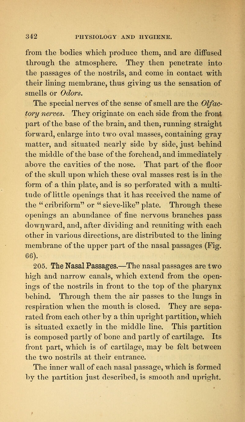 from the bodies which produce them, and are diffused through the atmosphere. They then penetrate into the passages of the nostrils, and come in contact with their lining membrane, thus giving us the sensation of smells or Odors. The special nerves of the sense of smell are the Olfac- tory nerves. They originate on each side from the front part of the base of the brain, and then, running straight forward, enlarge into two oval masses, containing gray matter, and situated nearly side by side, just behind the middle of the base of the forehead, and immediately above the cavities of the nose. That part of the floor of the skull upon which these oval masses rest is in the form of a thin plate, and is so perforated with a multi- tude of little openings that it has received the name of the  cribriform or  sieve-like plate. Through these openings an abundance of fine nervous branches pass downward, and, after dividing and reuniting with each other in various directions, are distributed to the lining membrane of the upper part of the nasal passages (Fig. Q6). 205. The Nasal Passages.—The nasal passages are two high and narrow canals, which extend from the open- ings of the nostrils in front to the top of the pharynx behind. Through them the air passes to the lungs in respiration when the mouth is closed. They are sepa- rated from each other by a thin upright partition, which is situated exactly in the middle line. This partition is composed partly of bone and partly of cartilage. Its front part, which is of cartilage, may be felt between the two nostrils at their entrance. The inner wall of each nasal passage, which is formed by the partition just described, is smooth and upright.