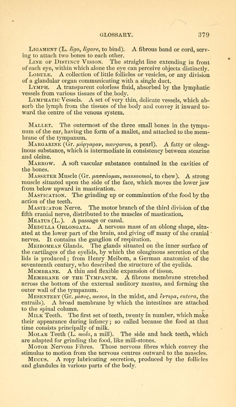 Ligament (L. ligo, ligare, to bind). A fibrous band or cord, serv- ing to attach two bones to each other. Line op Distinct Vision. The straight bine extending in front of each eye, within which alone the eye can perceive objects distinctly. Lobule. A collection of little follicles or vesicles, or any division of a glandular organ communicating with a single duct. Lymph. A transparent colorless fluid, absorbed by the lymphatic vessels from various tissues of the body. Lymphatic Vessels. A set of very thin, delicate vessels, which ab- sorb the lymph from the tissues of the body and convey it inward to- ward the centre of the venous system. Mallet. The outermost of the three small bones in the tympa- num of the ear, having the form of a mallet, and attached to the mem- brane of the tympanum. Margarine (Gr. /uapyapov, margaron, a pearl). A fatty or oleag- inous substance, which is intermediate in consistency between stearine and oleine. Marrow. A soft vascular substance contained in the cavities of the bones. Masseter Muscle (Gr. fxacradoiiai, massaomai, to chew). A strong muscle situated upon the side of the face, which moves the lower jaw from below upward in mastication. Mastication. The grinding up or comminution of the food by the action of the teeth. Masticator Nerve. The motor branch of the third division of the fifth cranial nerve, distributed to the muscles of mastication. Meatus (L.). A passage or canal. Medulla Oblongata. A nervous mass of an oblong shape, situ- ated at the lower part of the brain, and giving off many of the cranial ■ nerves. It contains the ganglion of respiration. Meibomean Glands. The glands situated on the inner surface of the cartilages of the eyelids, by which the oleaginous secretion of the lids is produced; from Henry Meibom, a German anatomist of the seventeenth century, who described the structure of the eyelids. Membrane. A thin and flexible expansion of tissue. Membrane op the Tympanum. A fibrous membrane stretched across the bottom of the external auditory meatus, and forming the outer wall of the tympanum. Mesentery (Gr. fxkaoq, mesos, in the midst, and tvrepa, entera, the entrails). A broad membrane by which the intestines are attached to the spinal column. „ Milk Teeth. The first set of teeth, twenty in number, which make their appearance during infancy; so called because the food at that time consists principally of milk. Molar Teeth (L. mola, a mill). The side and back teeth, which are adapted for grinding the food, like mill-stones. Motor Nervous Fibres. Those nervous fibres which convey the stimulus to motion from the nervous centres outward to the muscles. Mucus. A ropy lubricating secretion, produced by the follicles and glandules in various parts of the body.