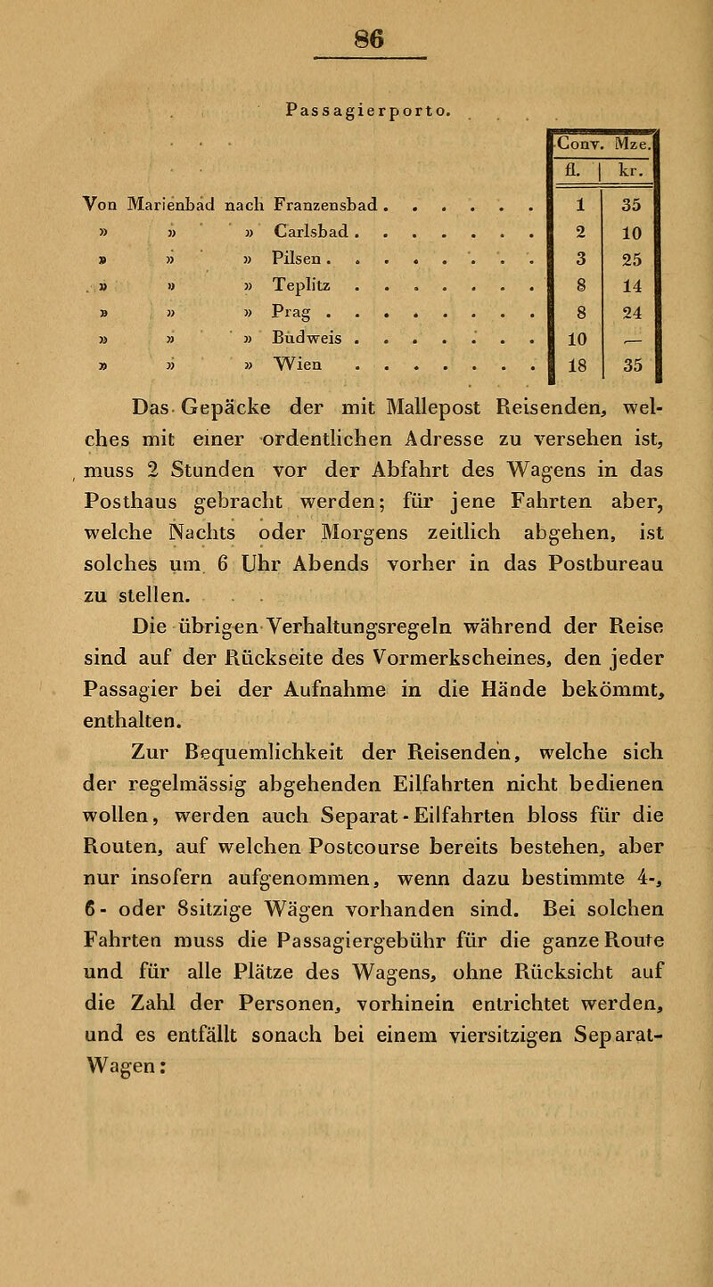 Passagierporto. Von Marienbad nach Franzensbad » 3) j) Carlsbad . Conv Mze. fl. 1 kr. 1 35 2 10 3 25 8 14 8 24 10 r— 18 35 •» » » Pilsen . '. . » i> » Teplitz ...... » )> » Prag . » » » Büdweis ...... » » » Wien Das Gepäcke der mit Mallepost Reisenden, wel- ches mit emer ordentlichen Adresse zu versehen ist, muss 2 Stunden vor der Abfahrt des Wagens in das Posthaus gebracht werden; für jene Fahrten aber, welche Nachts oder Morgens zeitlich abgehen, ist solches um 6 Uhr Abends vorher in das Postbureau zu stellen. Die übrigen Verhaltungsregeln während der Reise sind auf der Rückseite des Vormerkscheines, den jeder Passagier bei der Aufnahme in die Hände bekömmt, enthalten. Zur Requemlichkeit der Reisenden, welche sich der regelmässig abgehenden Eilfahrten nicht bedienen wollen, werden auch Separat-Eilfahrten bloss für die Routen, auf welchen Postcourse bereits bestehen, aber nur insofern aufgenommen, wenn dazu bestimmte 4-, 6- oder Ssitzige Wägen vorhanden sind. Rei solchen Fahrten muss die Passagiergebühr für die ganze Route und für alle Plätze des Wagens, ohne Rücksicht auf die Zahl der Personen, vorhinein entrichtet werden, und es entfällt sonach bei einem viersitzigen Separat- Wagen: