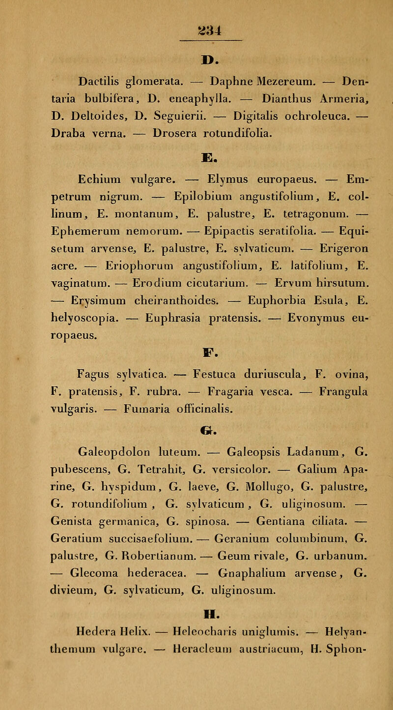 2S4 Dactilis glomerata. — Daphne Mezereum. — Den- taria bulbifera, D. eneaphylla. — Dianthus Armeria, D. Deltoides, D. Seguierii. — Digitalis ochroleuca. — Draba verna. — Drosera rotundifolia. ü. Echium vulgare. — Elymus europaeus. — Em- petrum nigrum, — Epilobium angustifolium, E. col- linum, E. montanum, E. palustre, E. tetragonum. — Epheraerum nemorum. — Epipactis seradfolia. — Equi- setum arvense^ E. palustre, E. sylvaticum. — Erigeron acre. — Eriophorum angustifolium, E. latifoliunij E. vaginatum. — Erodium cicutarium. — Ervum hirsutum. — Erysimum cheiranthoides. — Euphorbia Esula, E. helyoscopia. — Euphrasia pratensis. — Evonymus eu- ropaeus. F. Fagus sylvatica. — Festuca duriuscula, F. ovina, F. pratensis, F. rubra. — Fragaria vesca. — Frangula vulgaris. — Fumaria ofFicinalis. Gr. Galeopdolon luteum. — Galeopsis Ladanum, G. pubescens, G. Tetrahit, G. versicolor. — Galium Apa- rine, G. hyspidum, G. laeve, G. Mollugo, G. palustre, G. rotundifolium , G. svlvaticum, G. uliginosum. — Genista germanica, G. spinosa. — Gentiana ciliata. — Geratium succisaefolium. — Geranium columbinum, G. palustre, G. Roberiianum.— Geumrivale, G. urbanum. — Glecoma hederacea. — Gnaphalium arvense, G. divieum, G. sylvaticum, G. uliginosum. H. Hedera Helix. — Heleochaiis uniglumis. — Helyan- themum vulgare. — Heracleuiii aiistriucum, H. Sphon-