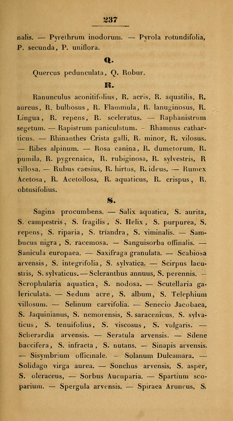 ;a37 nalis. — Pyreihrum inodoruni. — Pyrola rotundifolia, P. secunda, P. uniflora. Quercus pedunculata, Q. Robur. Ranunculus aconitifolius, R. acris, R. aquatilis, R. aureus, R. bulbosus, R. Flammula, R. lanuginosus, R. Lingua, R. repens, R. sceleratus. — Raphanislruni segetum. — Rapistrum paniculatum. - Rhamnus cathar- ticus. — Rhinanthes Crista galli, R. minor, R. vilosus. — Ribes alpinum. — Rosa canina, R. dumetorum, R. pumila, R. pygrenaica, R. rubiginosa, R. sylvestris, R villosa. — Rubus caesius, R. hirtus, R. ideus. — Rumex Acetosa, R. Acetollosa, R. aquaticus, R. crispus, R. obtusifolius. IS. Sagina procumbens. — Salix aquatica, S. aurita, S. campestris , S. fragilis , S. Helix, S. purpurea, S. repens, S. riparia, S. triandra, S. viminalis. — Sam- bucus nigra, S. racemosa. — Sanguisorba ofFinalis. — Sanicula europaea. — Saxifraga granulata. — Scabiosa arvensis, S. integrifolia, S. sylvatica. — Scirpus lacu- stiis, S. sylvaticus. — Scleranthus annuus, S. perennis. — Scrophularia aquatica, S. nodosa. — Sculellaria ga- lericulata. — Seduni acre, S. album, S. Telephium villosum. — Selinum carvifolia. — Senecio Jacobaea, S. .laquinianus, S. nemorensis, S. saracenicus, S. sylva- ticus, S. tenuifülius, S. viscosus, S. vulgaris. — Scherardia arvensis. — Seratula arvensis. — Silene baccifera, S. infracta, S. nutans. — Sinapis arvensis. — Sisymbriuni officinale. — Solanum Dulcamara. — Solidago virga aurea. — Sonchus arvensis, S. asper, S. oleraceus, — Sorbus Aueuparia. — Spartium sco- parium. — Spergula arvensis. — Spiraea Aruncus, S.