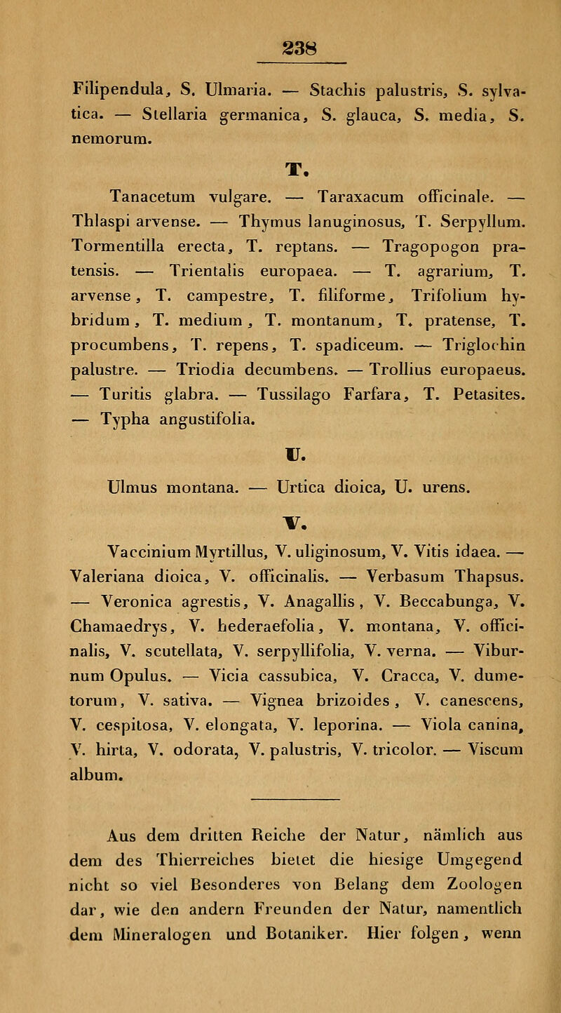 Filipendula, S. Ulmaria. — Stachis palustris, S. sylva- tica. — Slellaria germanica, S. glauca, S. media, S. nemorum. T. Tanacetum vulgare. — Taraxacum ofFicinale. — Thlaspi arvense. — Thymus lanuginosus, T. Serpyllum. Tormentilla erecta, T. reptans. — Tragopogon pra- tensis. — Trientalis europaea. — T. agrarium, T. arvense, T. campestre, T. filiforme, Trifolium hy- bridum, T. medium, T. montanum, T« pratense, T. procumbens, T. repens, T. spadiceum. — Triglochin palustre. — Triodia decumbens. — TroUius europaeus. — Turitis glabra. — Tussilago Farfara, T. Petasites. — Typha angustifolia. r. Ulmus raontana. — Urtica dioica, U. urens. V. Vaccinium Myrtillus, V. uliginosum, V. Vitis idaea. — Valeriana dioica, V. ofFicinalis, — Verbasum Thapsus. — Veronica agrestis, V. Anagallis , V. Beccabunga, V. Chamaedrys, V. hederaefolia, V. montana, V. offici- nalis, V. scutellata, V. serpyllifolia, V. verna. — Vibur- num Opulus. — Vicia cassubica, V. Cracca, V. dunie- torum, V. sativa. — Vignea brizoides , V. canescens, V. cespitosa, V. elongata, V. leporina. — Viola canina, y. hirta, V. odorata, V. palustris, V. tricolor. — Viscum album. Aus dem drillen Reiche der Natur, nämlich aus dem des Thierreiches bietet die hiesige Umgegend nicht so viel Besonderes von Belang dem Zoologen dar, wie den andern Freunden der Natur, namentlich dem Mineralogen und Botaniker. Hier folgen, wenn