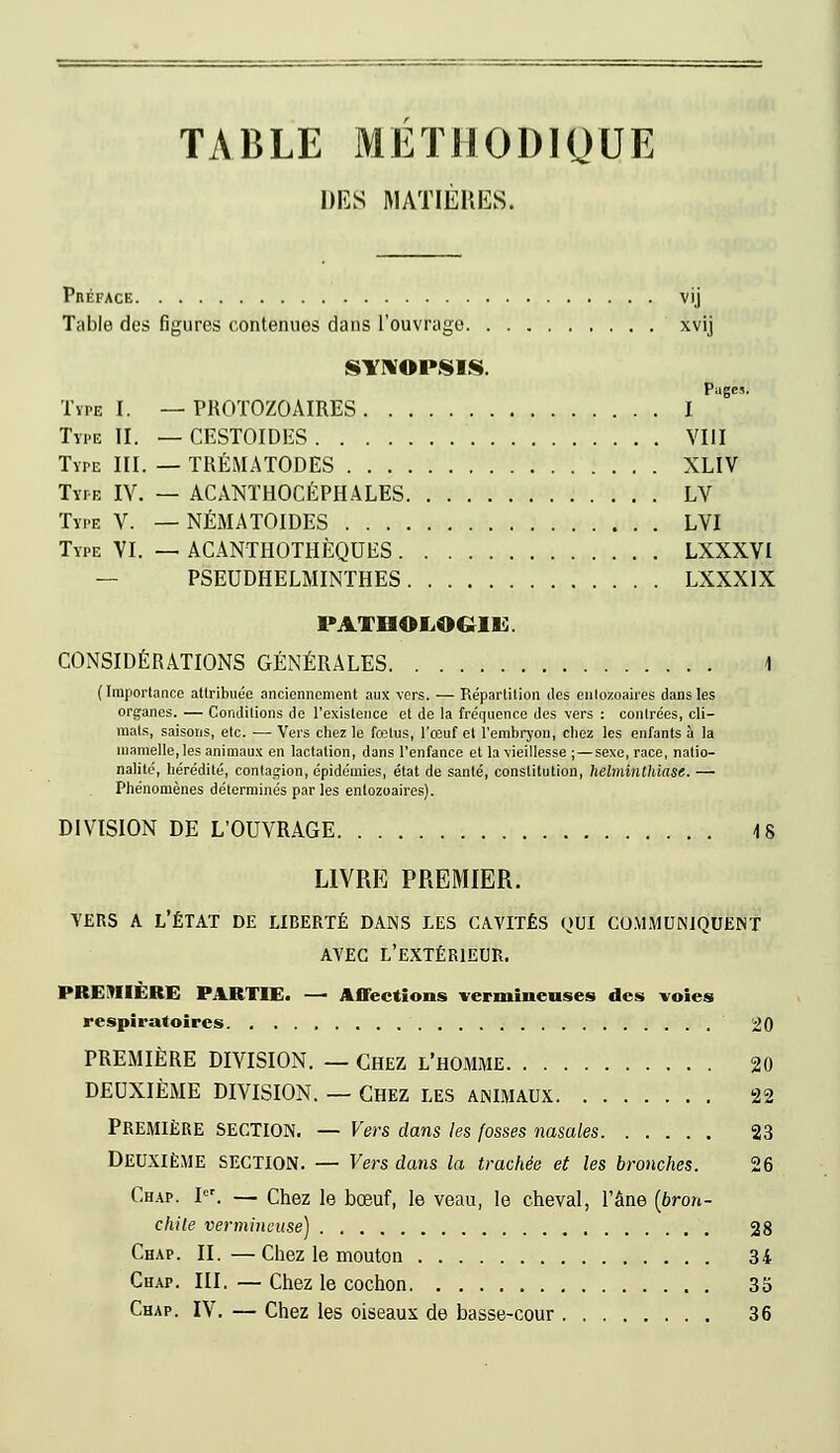 TABLE METHODIQUE DES MATIÈRES. Préface vij Table des figures contenues dans l'ouvrage xvij SYNOPSIS. Page». Type I. — PROTOZOAIRES I Type II. — CESTOIDIÎS VIII Type III. — TRÉMATODES XLIV Type IV. — ACANTHOCÉPHALES LV Type V. — NÉMATOIDES LVI Type VI. — ACANTHOTHÈQUES LXXXVI PSEUDHELMINTHES LXXXIX PATHOLOGIE. CONSIDÉRATIONS GÉNÉRALES 4 (Importance attribuée anciennement aux vers. — Répartition des enlozoaires dans les organes. — Conditions de l'existence et de la fréquence des vers : contrées, cli- mats, saisons, etc. — Vers chez le fœtus, l'œuf et l'embryon, chez les enfants à la mamelle,les animaux en lactation, dans l'enfance et la vieillesse ;—sexe, race, natio- nalité, hérédité, contagion, épidémies, état de santé, constitution, helminllùase. — Phénomènes déterminés par les enlozoaires). DIVISION DE L'OUVRAGE -18 LIVRE PREMIER. VERS A L'ÉTAT DE LIBERTÉ DANS LES CAVITÉS QUI COMMUNIQUENT AVEC L'EXTÉRIEUR. PREMIÈRE PARTIE. — Affections vermineuses des voies respiratoires 20 PREMIÈRE DIVISION. — Chez l'homme 20 DEUXIÈME DIVISION. — CHEZ LES ANIMAUX 22 PREMIÈRE SECTION. — Vers dans les fosses nasales 23 DEUXIÈME SECTION. — Vers dans la trachée et les bronches. 26 Chap. Ier. — Chez le bœuf, le veau, le cheval, l'âne (bron- chite vermincuse) 28 Chap. II. —Chez le mouton 34 Chap. III. — Chez le cochon 35 Chap. IV. — Chez les oiseaux de basse-cour 36