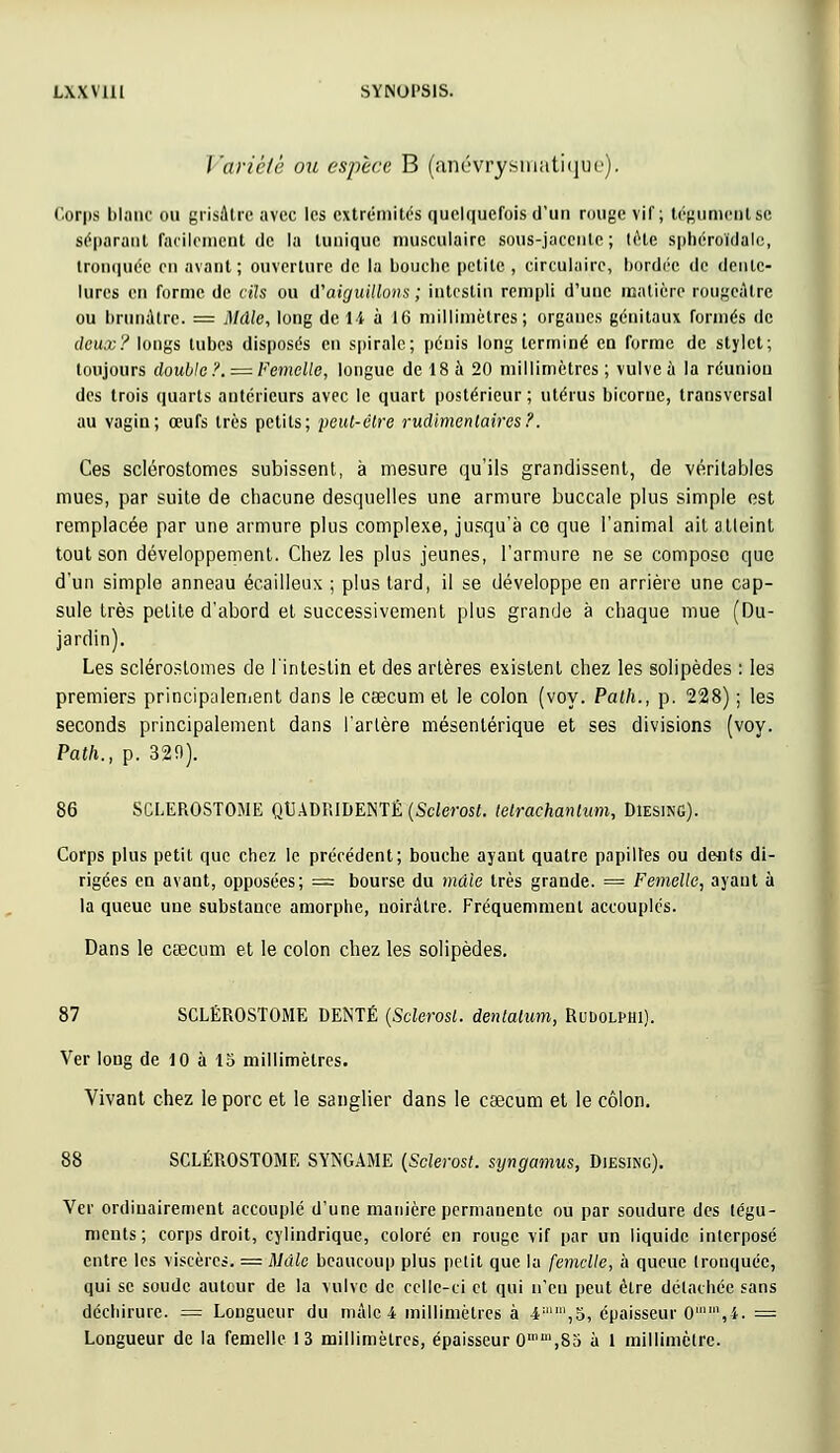 / arié/ê ou espèce B (anévrysmatique). Corps blanc ou grisâtre avec les extrémités quelquefois d'un muge vif; tégument se séparant facilement de la tunique musculaire sous-jacciitc ; tête sphéroïdale, tronquée en avant; ouverture de la bouche petite, circulaire, bordée de dente- lures en forme de cils ou d'aiguillons ; intestin rempli d'une matière rougeâtre ou brunâtre. = Mâle, long de li à 16 millimètres; organes génitaux formés de deux? longs tubes disposés en spirale; pénis long terminé en forme de stylet; toujours double ?. = Femelle, longue de 18 à 20 millimètres; vulve à la réunion des trois quarts antérieurs avec le quart postérieur ; utérus bicorne, transversal au vagin; œufs très petits; peut-être rudimenlaires?. Ces sclérostomes subissent, à mesure qu'ils grandissent, de véritables mues, par suite de chacune desquelles une armure buccale plus simple est remplacée par une armure plus complexe, jusqu'à ce que l'animal ait atteint tout son développement. Chez les plus jeunes, l'armure ne se compose que d'un simple anneau écailleux ; plus tard, il se développe en arrière une cap- sule très petite d'abord et successivement plus grande à chaque mue (Du- jardin). Les sclérostomes de l'intestin et des artères existent chez les solipèdes : les premiers principalement dans le caecum et le colon (voy. Path., p. 228) ; les seconds principalement dans l'artère mésentérique et ses divisions (voy. Path., p. 329). 86 SCLEROSTOME QUADRIBENTÉ (Sclerost. telrachantum, Diesing). Corps plus petit que chez le précédent; bouche ayant quatre papilles ou dents di- rigées en avant, opposées; == bourse du mâle très grande. = Femelle, ayant à la queue une substance amorphe, noirâtre. Fréquemment accouplés. Dans le caecum et le colon chez les solipèdes. 87 SCLEROSTOME DENTÉ (Sclerost. denlalum, Rudolphi). Ver long de 10 à 15 millimètres. Vivant chez le porc et le sanglier dans le caecum et le côlon. 88 SCLEROSTOME SYNGAME (Sclerost. syngamus, Diesing). Ver ordinairement accouplé d'une manière permanente ou par soudure des tégu- ments; corps droit, cylindrique, coloré en rouge vif par un liquide interposé entre les viscères. = Mâle beaucoup plus petit que la femelle, à queue tronquée, qui se soude autour de la vulve de celle-ci et qui n'eu peut être détachée sans déchirure. = Longueur du mâle 4 millimètres à 4:',5, épaisseur 0m',i. = Longueur de la femelle 13 millimètres, épaisseur 0mm,85 à 1 millimètre.