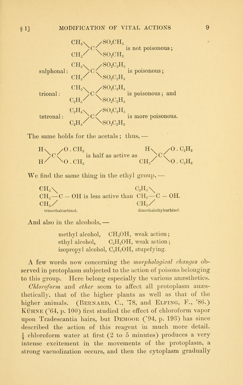 CHsV /SO2CH3 / C \ is not poisonous; CH3/ \SOoCH3 sulphonal: / C \ is poisonous; CH3/ \SOAH5 CHgy /SOAH5 trional: / C \ is poisonous; and tetronal: / C \ is more poisonous. CoH/ ^SOoC^H, The same holds for the acetals ; thus, — [\ /O.CH3 H\ / H\ /O.CH3 Hv /O.CoK / C \ is half as active as / C \ H/ \O.CH, CH3/ \o.aH, We find the same thing in the ethyl group, — CH3\ G.^,\ CH3 —C - OH is less active than CH3—C - OH. CH3/ CH3/ trimethalcarbinol. diinethalethylcarbinol. And also in the alcohols, — methyl alcohol, CH3OH, weak action; ethyl alcohol, C2H5OH, weak action; isopropyl alcohol, C3H7OH, stupefying. A few words now concerning the morphological changes ob- served in protoplasm subjected to the action of poisons belonging to this group. Here belong especially the various anesthetics. Chloroform and ether seem to affect all protoplasm aues- thetically, that of the higher plants as well as that of the higher animals. (Bernard, C, '78, and Elfing, F., '86.) KiJHNE ('64, p. 100) first studied the effect of chloroform vapor upon Tradescantia hairs, but Demoor ('94, p. 193) has since described the action of this reagent in much more detail. l cliloroform water at first (2 to 5 minutes) produces a very intense excitement in the movements of the protoplasm, a strong vacuolization occurs, and then the cytoplasm gradually