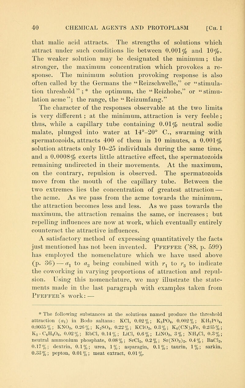 that malic acid attracts. The strengths of solutions which attract under such conditions lie between 0.001% and 10%. The weaker solution may be designated the minimum; the stronger, the maximum concentration which provokes a re- sponse. The minimum solution provoking response is also often called by the Germans the Reizschwelle, or stimula- tion threshold  ; * the optimum, the  Reizhohe, or  stimu- lation acme; the range, the Reizumfang. The character of the responses observable at the two limits is very different; at the minimum, attraction is very feeble; thus, while a capillary tube containing 0.01% neutral sodic malate, plunged into water at 14°-20° C, swarming with spermatozoids, attracts 400 of them in 10 minutes, a 0.001% solution attracts only 10-25 individuals during the same time, and a 0.0008% exerts little attractive effect, the spermatozoids remaining undirected in their movements. At the maximum, on the contrary, repulsion is observed. The spermatozoids move from the mouth of the capillary tube. Between the two extremes lies the concentration of greatest attraction — the acme. As we pass from the acme towards the minimum, the attraction becomes less and less. As we pass towards the maximum, the attraction remains the same, or increases; but repelling influences are now at work, which eventually entirely counteract the attractive influences. A satisfactory method of expressing quantitatively the facts just mentioned has not been invented. Pfeffer ('88, p. 599) has employed the nomenclature which we have used above (p. 36) — a^ to (Xg being combined with r^ to r^ to indicate the coworking in varying proportions of attraction and repul- sion. Using this nomenclature, we may illustrate the state- ments made in the last paragraph with examples taken from Pfeffer's work: — * The following substances at the solutions named produce the threshold attraction (ai) in Bodo saltans: KCl, 0.02%; K3PO4, 0.002%; KH2PO4, 0.0035%; KNO3, 0.26%; K2SO4, 0.22%; KCIO3, 0.3%; Iv4(CN)6Fe, 0.235%; K2-C4H406, 0.02%; RbCl, 0.14%; LiCl, 0.6%; LiNOs, 3%; NH4C], 0.3%; neutral ammonium phosphate, 0.08%; SrCl2, 0.2%; Sr(N03)2, 0.4%; BaCl2, 0.17%; dextrin, 0.1%; urea, 1%; asparagin, 0.1%; taurin, 1%; sarkin, 0.33%; pepton, 0.01%; meat extract, 0.01%.