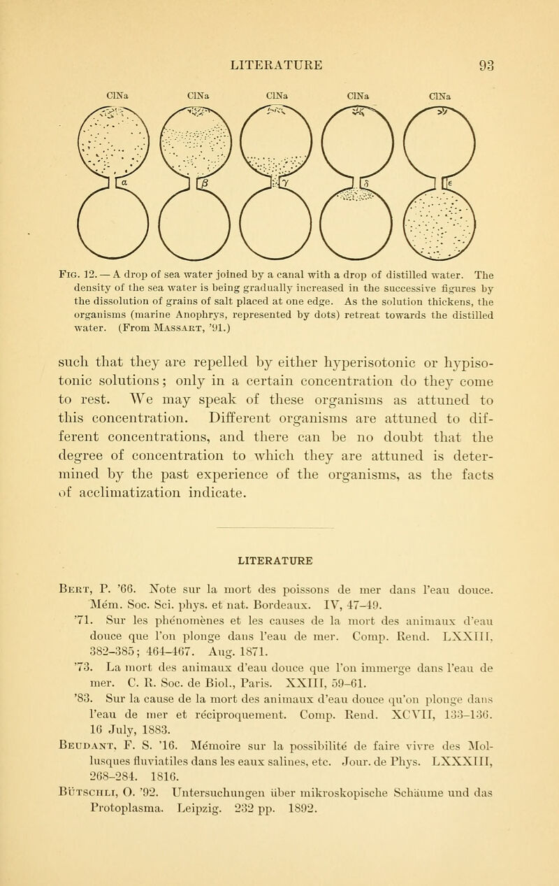 ClNa CESTa ClNa ClNa ClNa Fig. 12. — A drop of sea water joined by a canal with a drop of distilled water. The density of the sea water is being gradually increased in the successive figures by the dissolution of grains of salt placed at one edge. As the solution thickens, the organisms (marine Anophrys, represented by dots) retreat towards the distilled water. (From Massart, '91.) sucli that they are repelled by either hyperisotonic or hypiso- tonic solutions; only in a certain concentration do they come to rest. We may speak of these organisms as attuned to this concentration. Different organisms are attuned to dif- ferent concentrations, and there can be no doubt that the degree of concentration to which they are attuned is deter- mined by the past experience of the organisms, as the facts of acclimatization indicate. LITERATURE Bert, P. '66. Note sur la movt des poissons de mer dans I'eau douce. Mem. Soc. Sci. phys. et nat. Bordeaux. IV, 47-49. '71. Sur les phenomenes et les causes de la niort des aniuiaux deau douce que Ton plonge dans I'eau de mer. Corap. Rend. LXXIIl. 382-385; 464-467. Aug. 1871. '73. La niort des animaux d'eau douce que Ton immerge dans I'eau de mer. C. R. Soc. de Biol., Paris. XXII1, 59-61. '83. Sur la cause de la mort des animaux d'eau douce qu'on plonge dans I'eau de mer et reciproquement. Comp. Rend. XCVII, 133-136. 16 July, 1883. Beudant, F. S. '16. Memoire sur la possibilite de faire vivre des Mol- lusques fluviatiles dans les eaux salines, etc. Jour, de Phys. LXXXIII, 268-284. 1816. BuTsciiLi, O. '92. Untersuchungen liber mikroskopische Schaume und das Protoplasma. Leipzig. 232 pp. 1892.