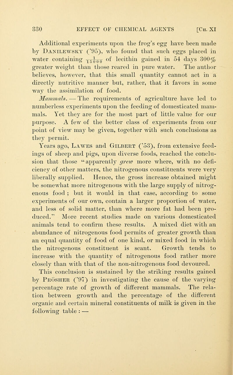 Additional experiments upon the frog's egg have been made by Danilewsky ('95), who found that such eggs placed in water containing -^-^^-qq of lecithin gained in 54 days 300% greater weight than those reared in pure water. The author believes, however, that this small quantity cannot act in a directly nutritive manner but, rather, that it favors in some way the assimilation of food. Mammals. — The requirements of agriculture have led to numberless experiments upon the feeding of domesticated mam- mals. Yet they are for the most part of little value for our purpose. A few of the better class of experiments from our point of view may be given, together with such conclusions as they permit. Years ago, Lawes and Gilbert ('53), from extensive feed- ings of sheep and pigs, upon diverse foods, reached the conclu- sion that those apparently grew more where, with no defi- ciency of other matters, the nitrogenous constituents were very liberally supplied. Hence, the gross increase obtained might be somewhat more nitrogenous with the large supply of nitrog- enous food ; but it would in that case, according to some experiments of our own, contain a larger proportion of water, and less of solid matter, than where more fat had been pro- duced. More recent studies made on various domesticated animals tend to confirm these results. A mixed diet with an abundance of nitrogenous food permits of greater growth than an equal quantity of food of one kind, or mixed food in which the nitrogenous constituent is scant. Growth tends to increase with the quantity of nitrogenous food rather more closely than with that of the non-nitrogenous food devoured. This conclusion is sustained by the striking results gained by Prosher ('97) in investigating the cause of the varying percentage rate of growth of different mammals. The rela- tion between growth and the percentage of the different organic and certain mineral constituents of milk is given in the following table : —