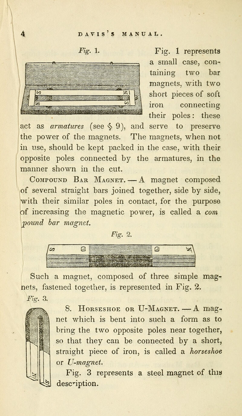 Fig. 1. Fig. 1 represents a small case, con- taining two bar magnets, with two short pieces of soft iron connecting their poles: these act as armatures (see <§» 9), and serve to preserve the power of the magnets. The magnets, when not in use, should be kept packed in the case, with their opposite poles connected by the armatures, in the manner shown in the cut. Compound Bar Magnet. — A magnet composed of several straight bars joined together, side by side, with their similar poles in contact, for the purpose nf increasing the magnetic power, is called a com \pound bar magnet. Fig. 2. I Such a magnet, composed of three simple mag- nets, fastened together, is represented in Fig. 2. Fig. 3. 8. Horseshoe or U-Magnet.—A mag- net which is bent into such a form as to bring the two opposite poles near together, so that they can be connected by a short, straight piece of iron, is called a horseshoe or U-magnet. Fig. 3 represents a steel magnet of this M^ descnption.